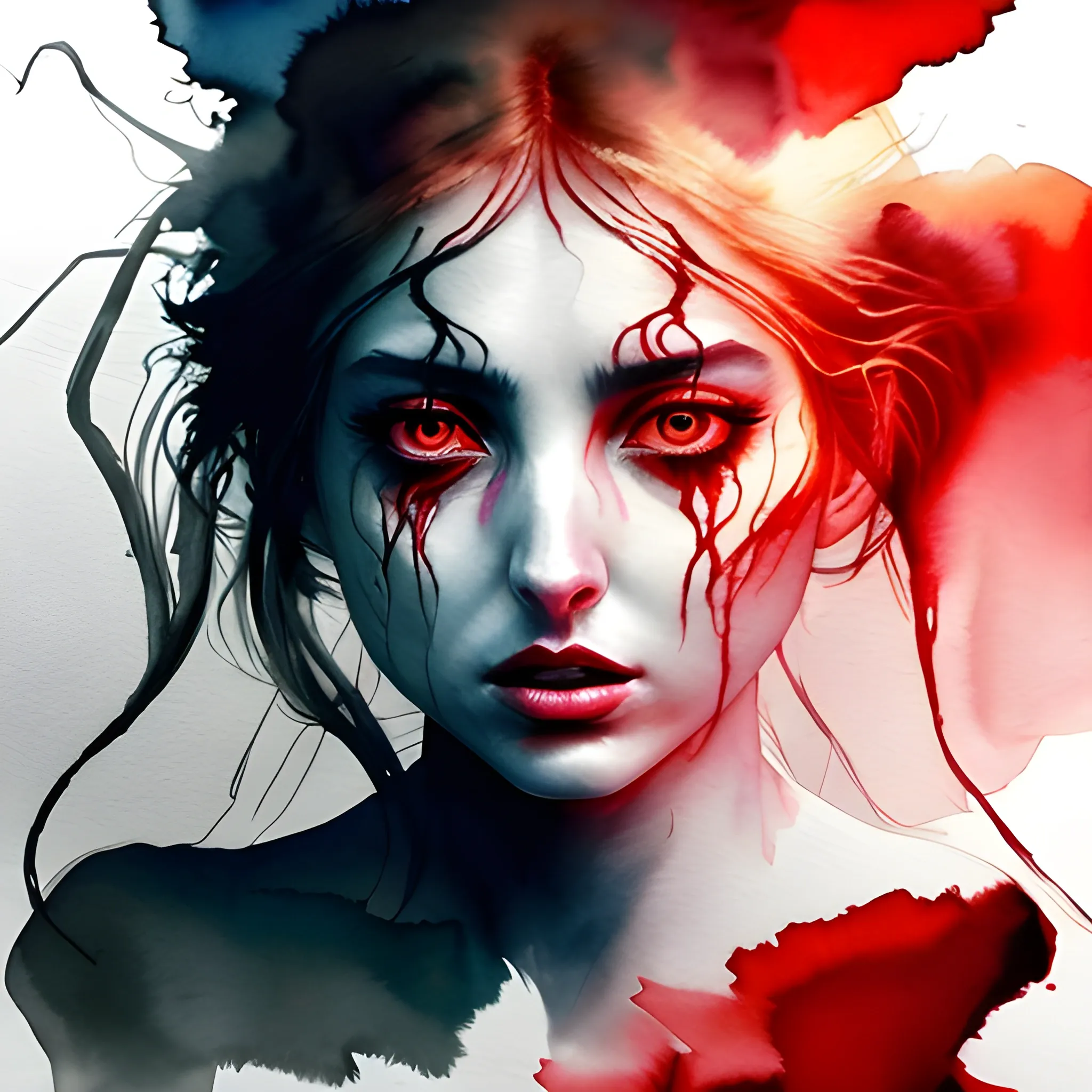 Illustrate a mesmerizing scene where a woman with the face of Ana de Armas undergoes a stunning transformation, becoming a malevolent demon with ethereal powers. Utilize watercolor techniques reminiscent of the renowned painter J.M.W. Turner, with the predominant use of the color red to accentuate the eerie beauty of her demonic form