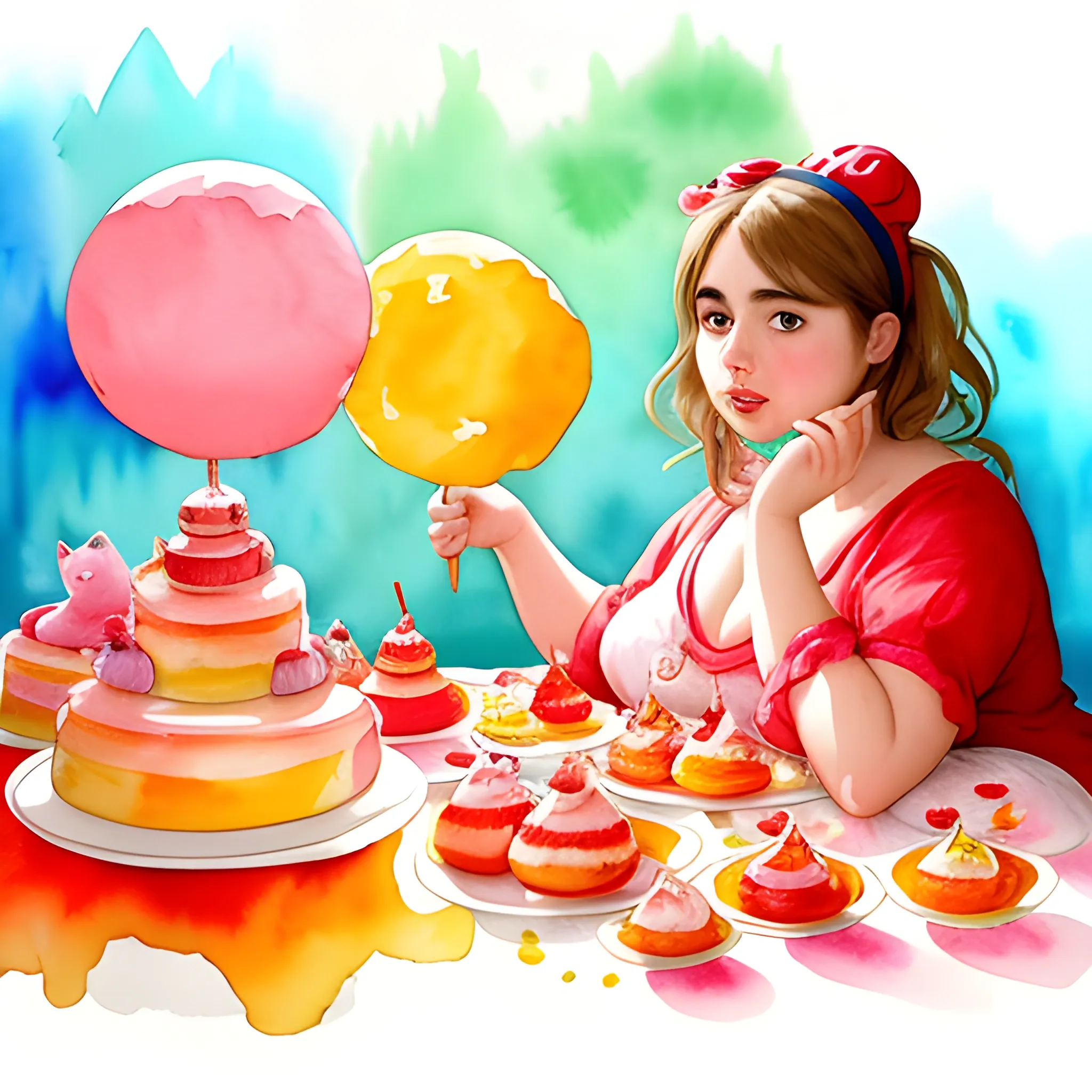 Illustrate a whimsical scene with Ana de Armas in a world of plump, colorful confectionery, surrounded by chubby, delightful creatures. Utilize watercolor techniques reminiscent of the renowned painter J.M.W. Turner, with the predominant use of the color red to make the sweets and creatures burst with flavor and charm.