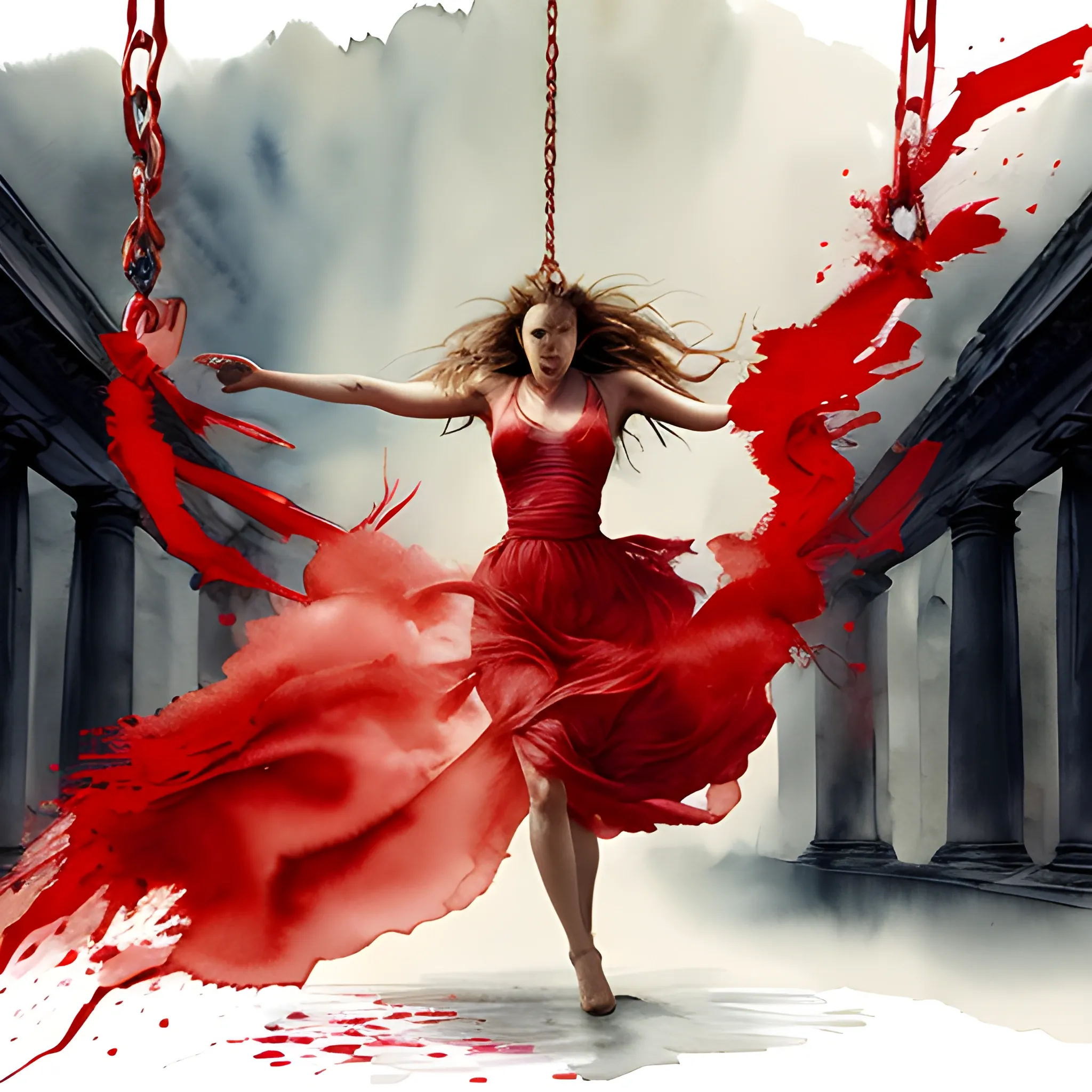 "Illustrate a powerful scene with Ana de Armas as a woman breaking free from heavy, ancient chains that have bound her for centuries. Utilize watercolor techniques reminiscent of the renowned painter J.M.W. Turner, with the predominant use of the color red to symbolize her liberation and strength