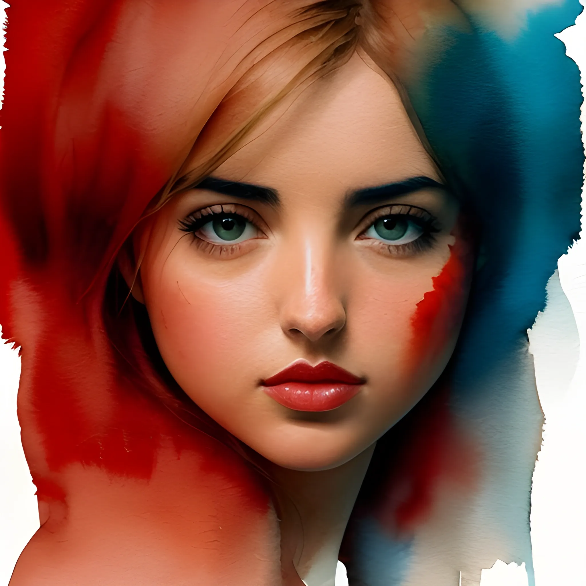 Illustrate a captivating scene with Ana de Armas, where the world and her demeanor reflect a 'scratchy' texture, creating an environment and character full of depth and intrigue. Utilize watercolor techniques reminiscent of the renowned painter J.M.W. Turner, with the predominant use of the color red to enhance the unique texture and atmosphere