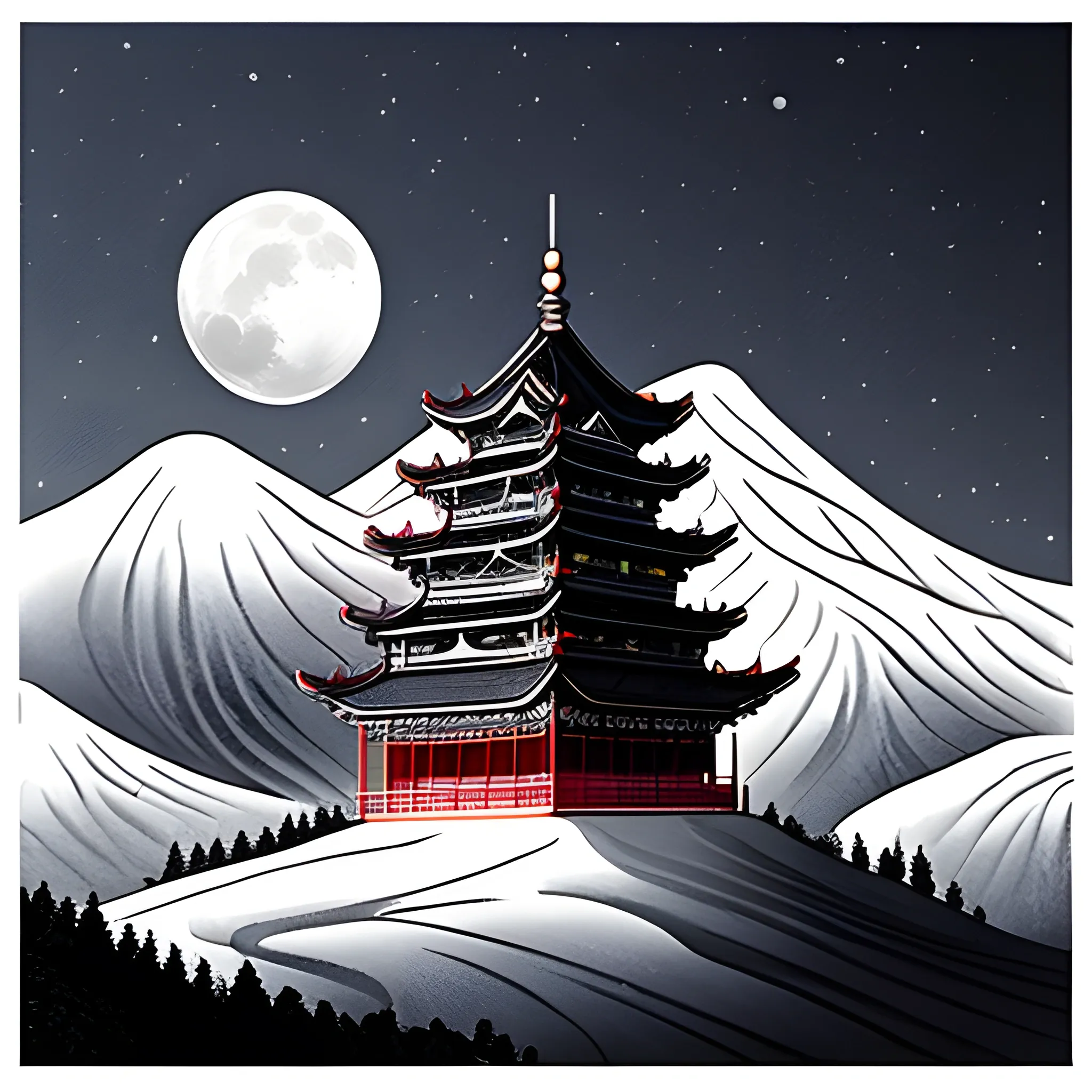 Mysterious Chinese mountain scenery, moon phase, snow and fog, pagoda, traditional ink style, ultra-high details, ultra-high definition