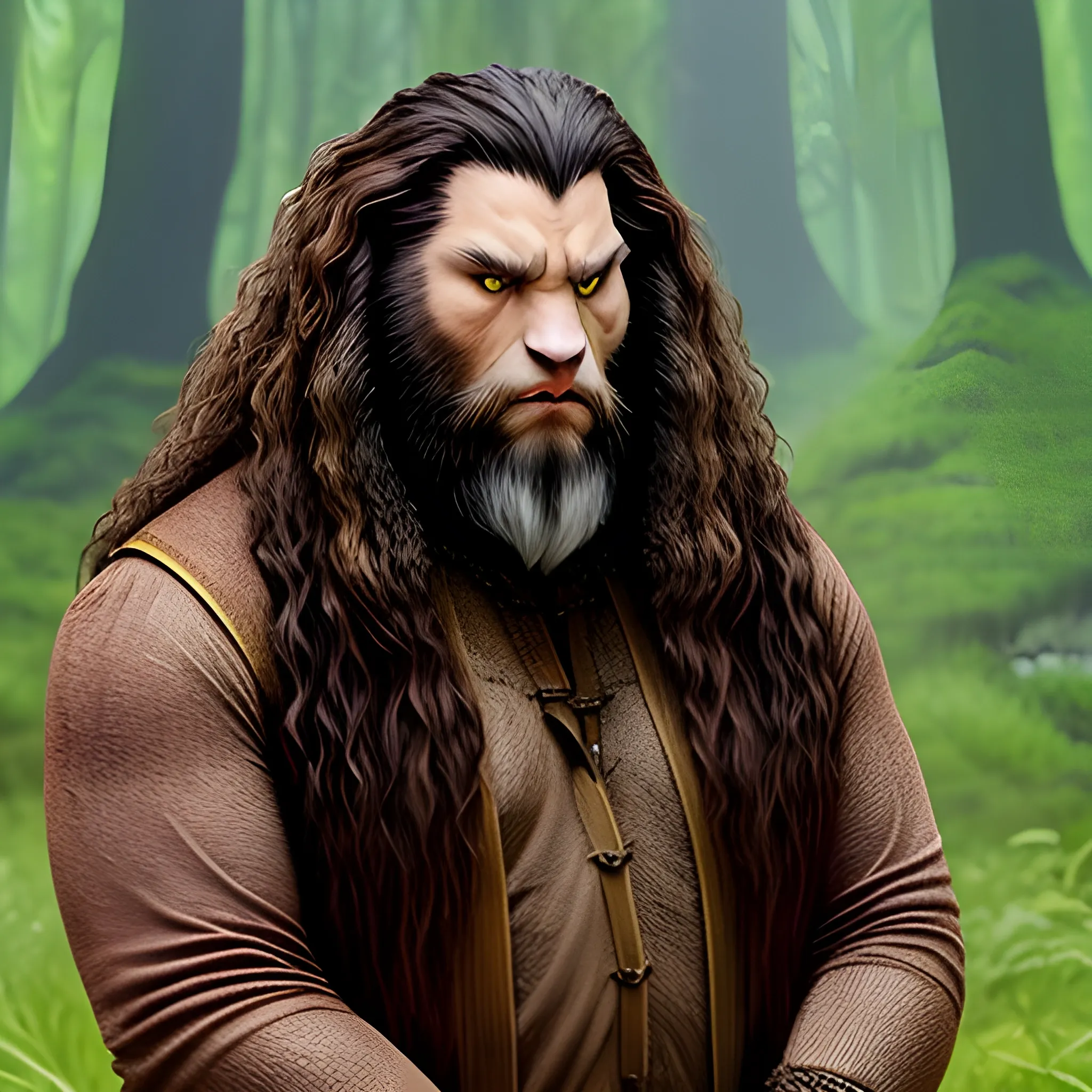 avatar, big wild brown hair, similar to hagrid - but short bears, untamed, wild, a little sedentary
