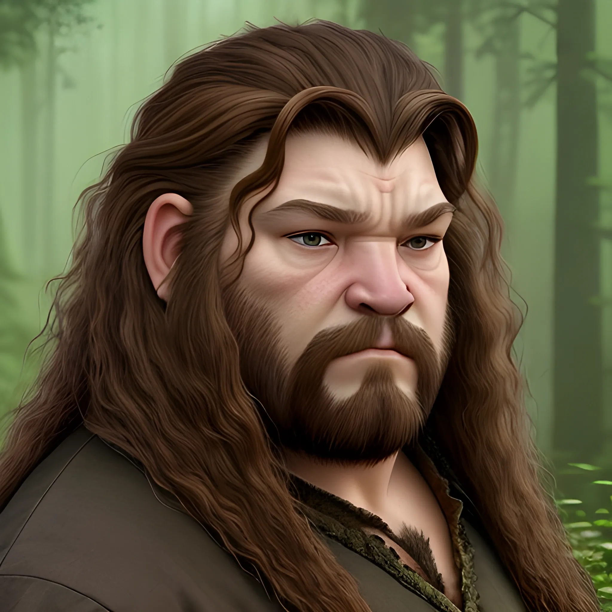 avatar, face, wild light brown hair, similar to hagrid, but short bears, crazy, frontal view, sad