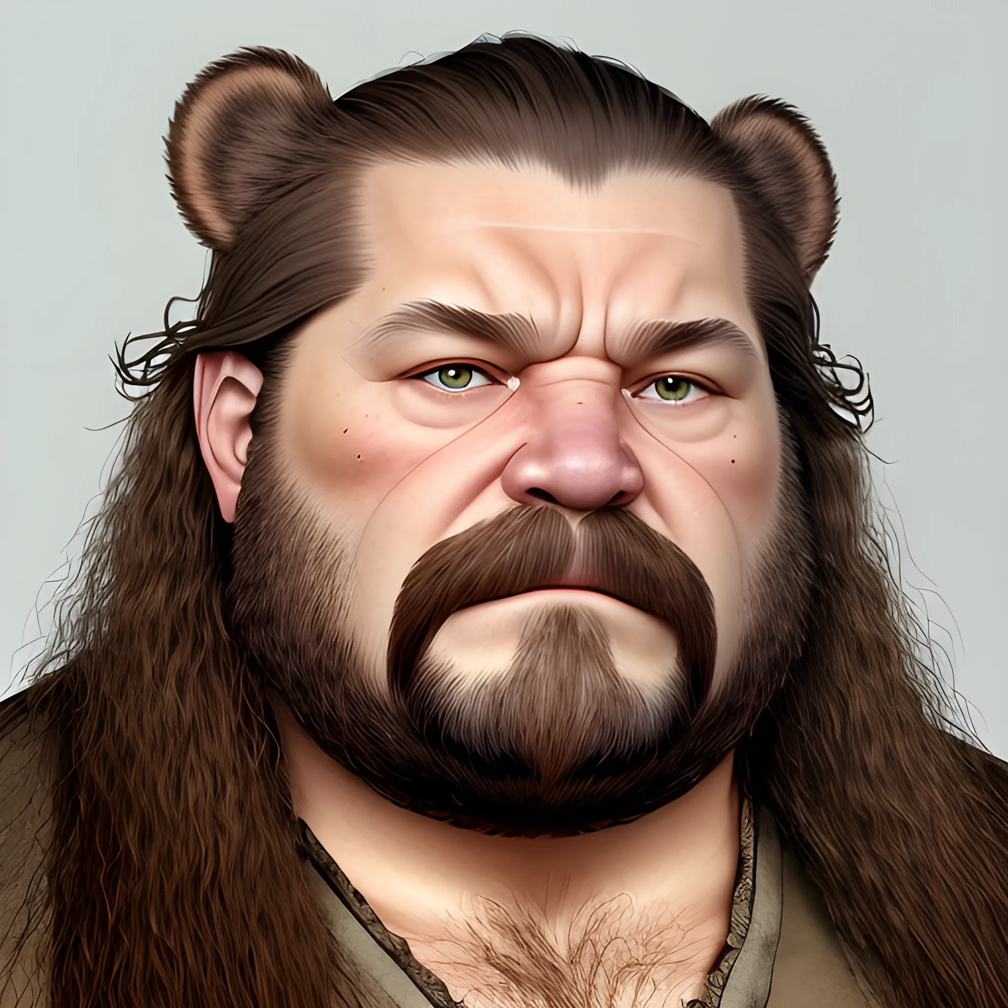 avatar, frontal, face, frontal, wild light brown hair, similar to hagrid, but short bears, crazy, sad, old