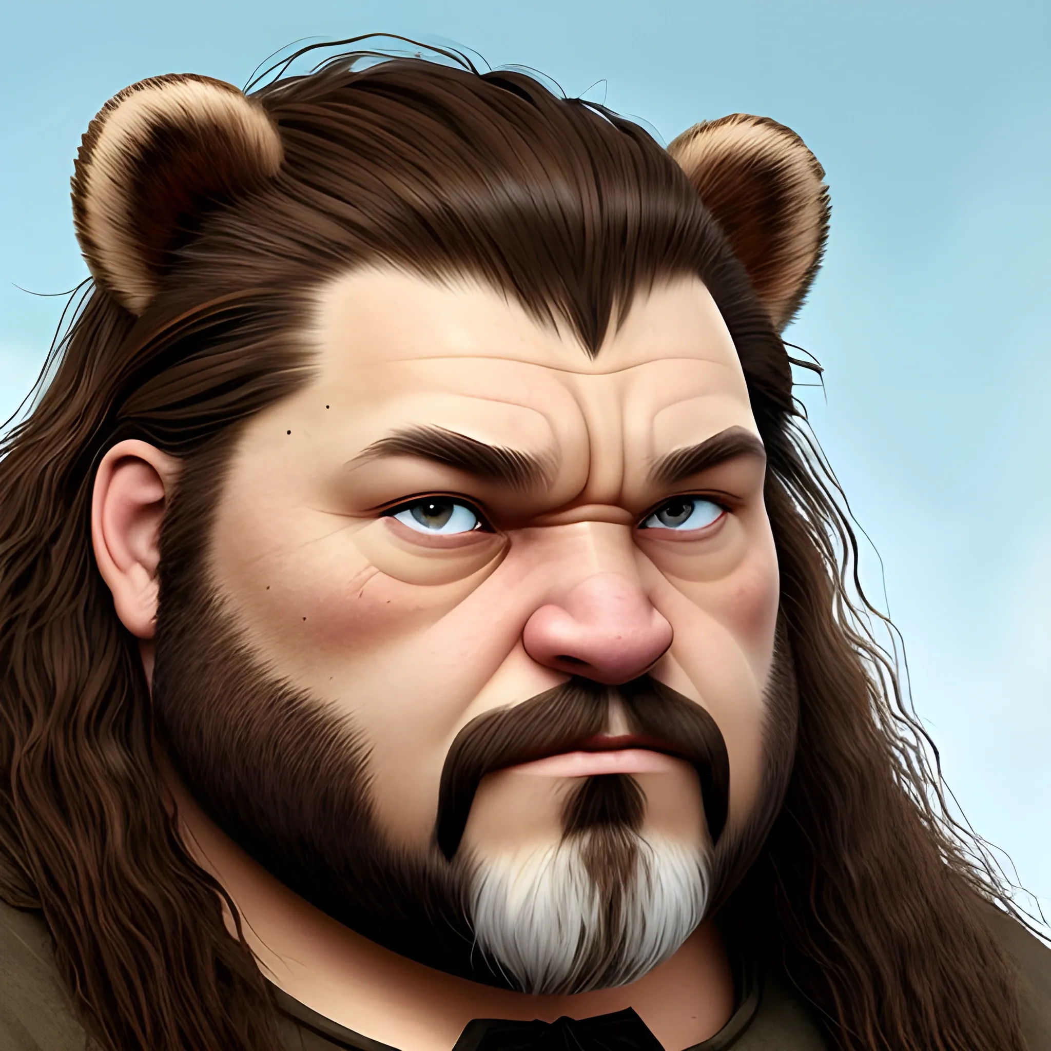 avatar, frontal, face, frontal, wild light brown hair, similar to hagrid, but short bears, crazy, sad, old