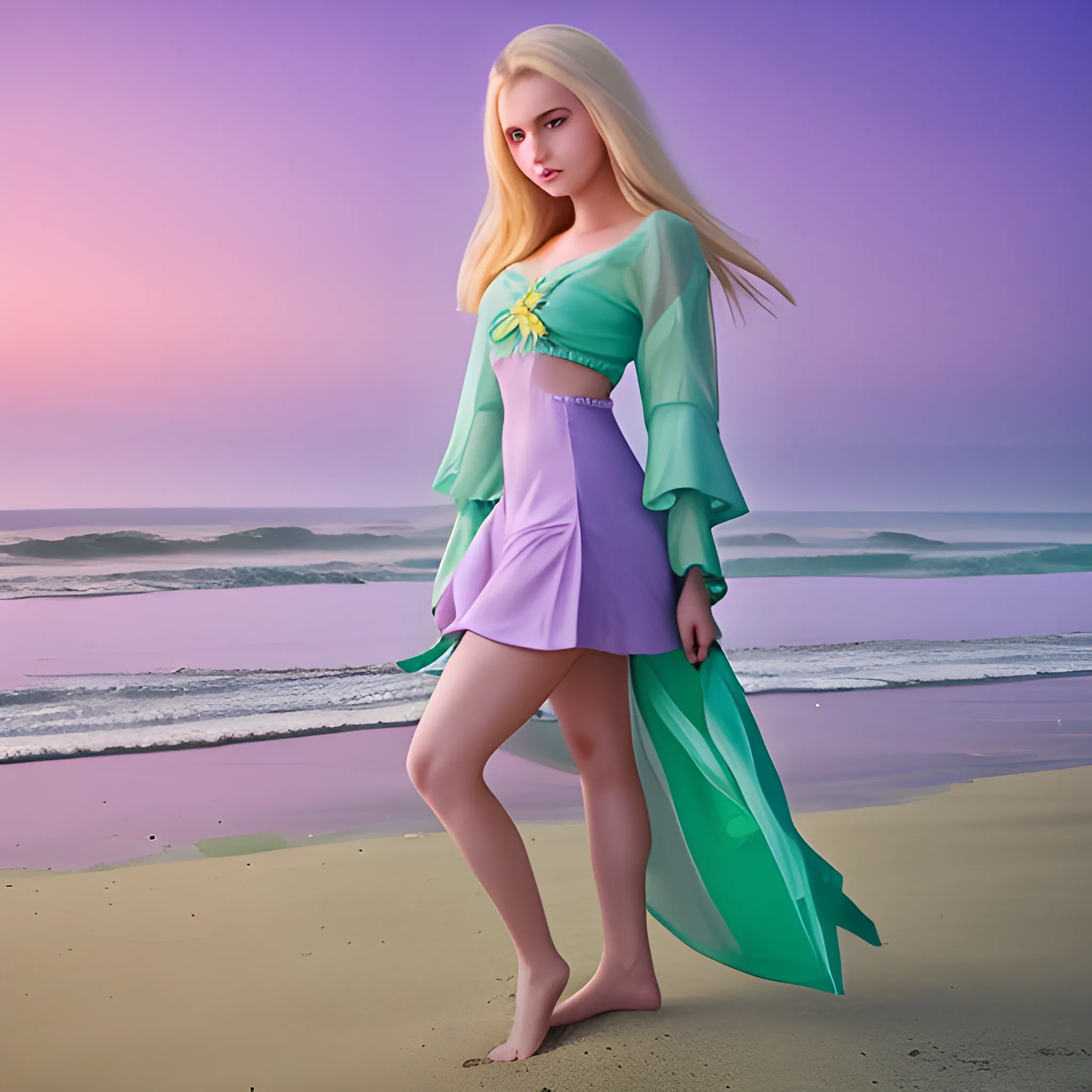 A beautiful Ukrainian beauty on the beach in pastel colors of green and purple mist, full body shot, professional photography