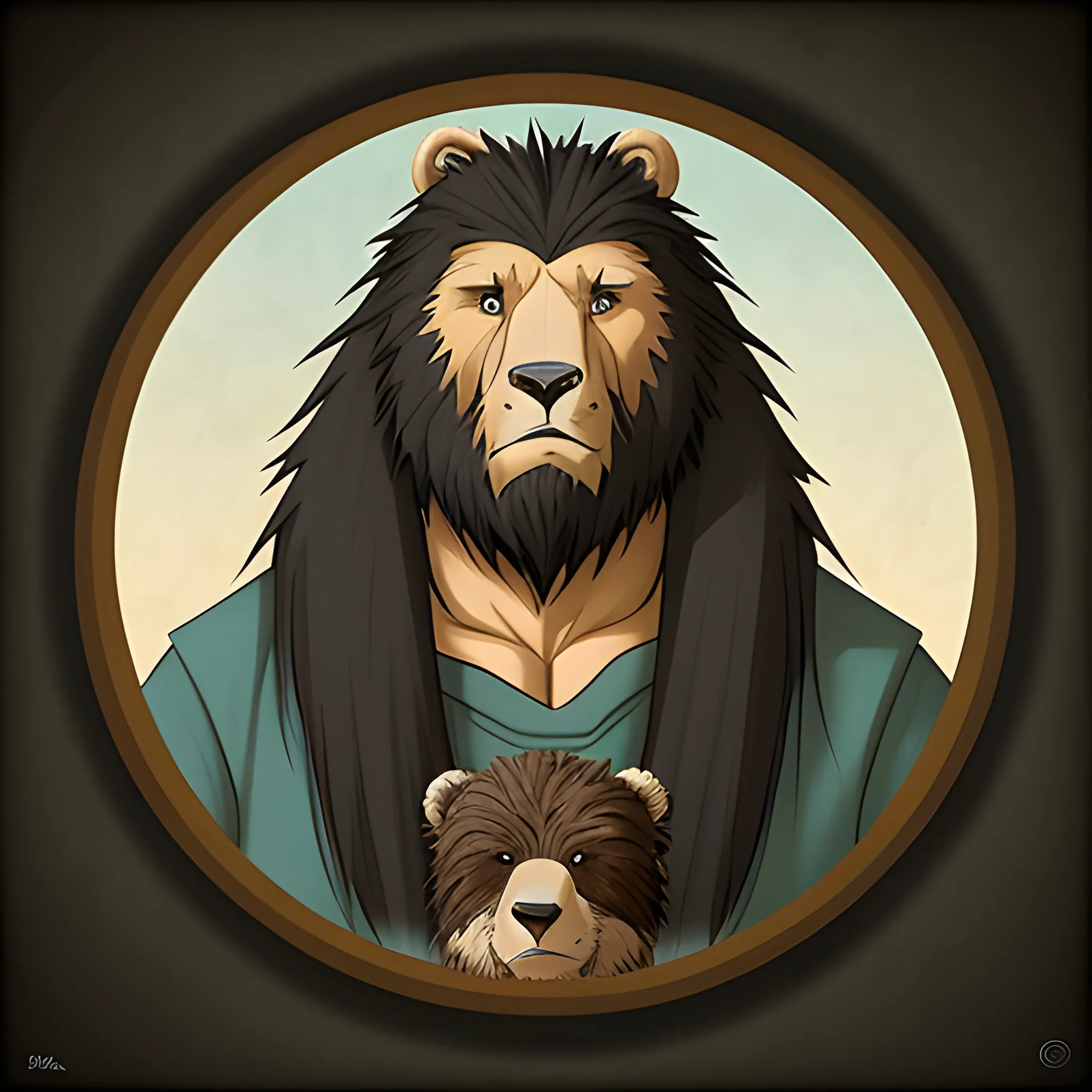 cartoon, avatar, hugrid like, wild, sad, bears, circular composition

