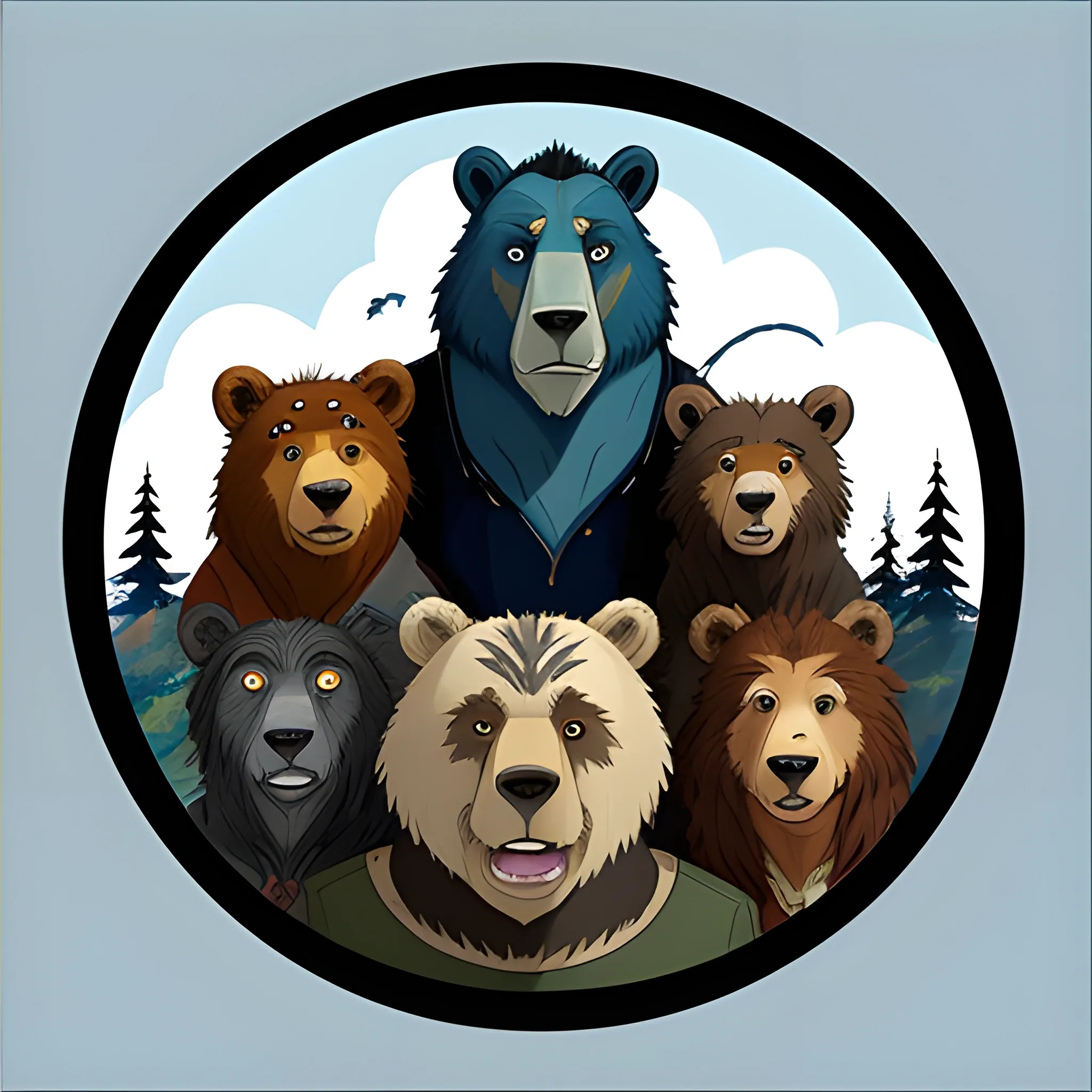 cartoon, avatar, hugrid like, wild, sad, bears, circular composition, crazy

