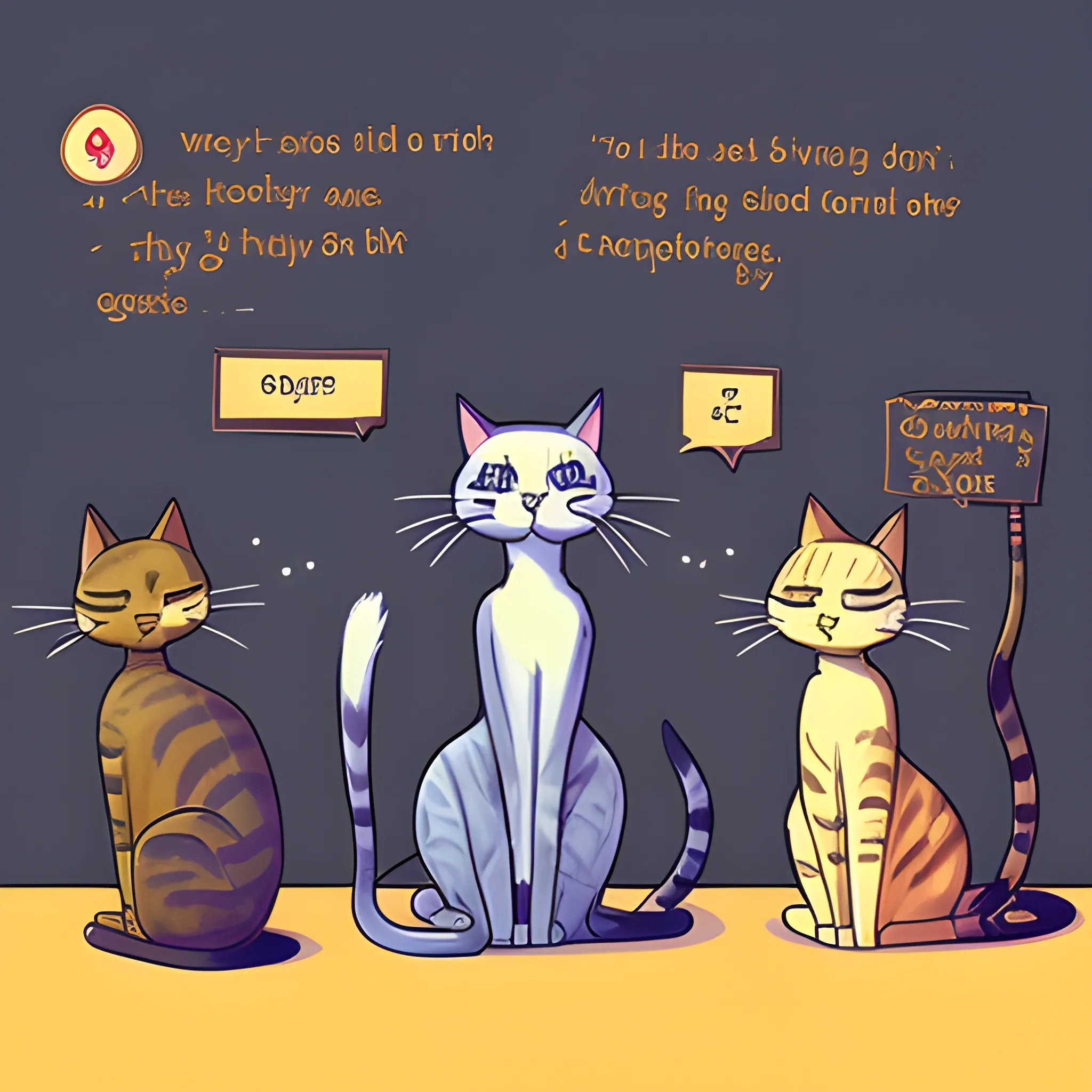 Its a group of cats that act like a humans and this cat are talking about how to develop a game. Each cat have a role in game development, like a developers, artist, designers and planers, Pencil Sketch