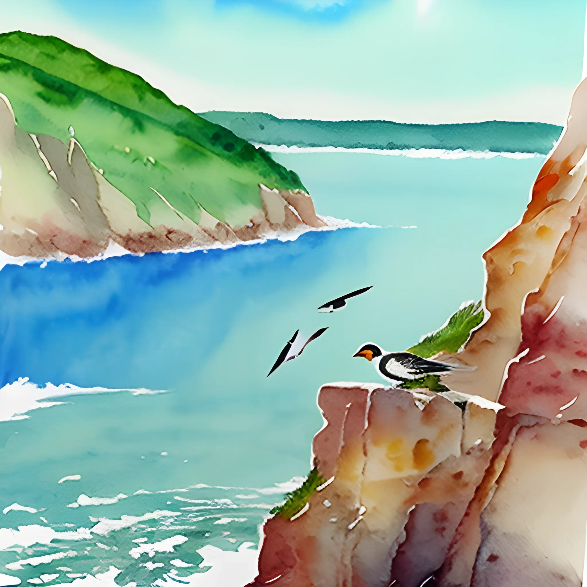 Birds feeding on cliff, Water Color