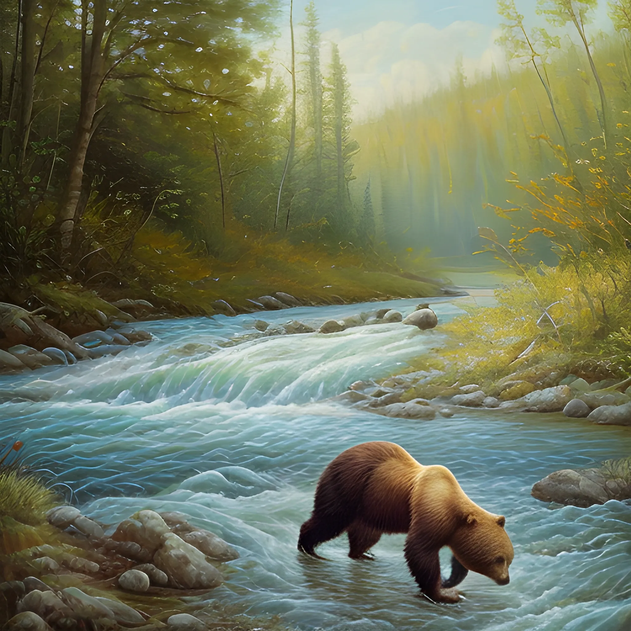 A bear hunting fish in a river, Oil Painting