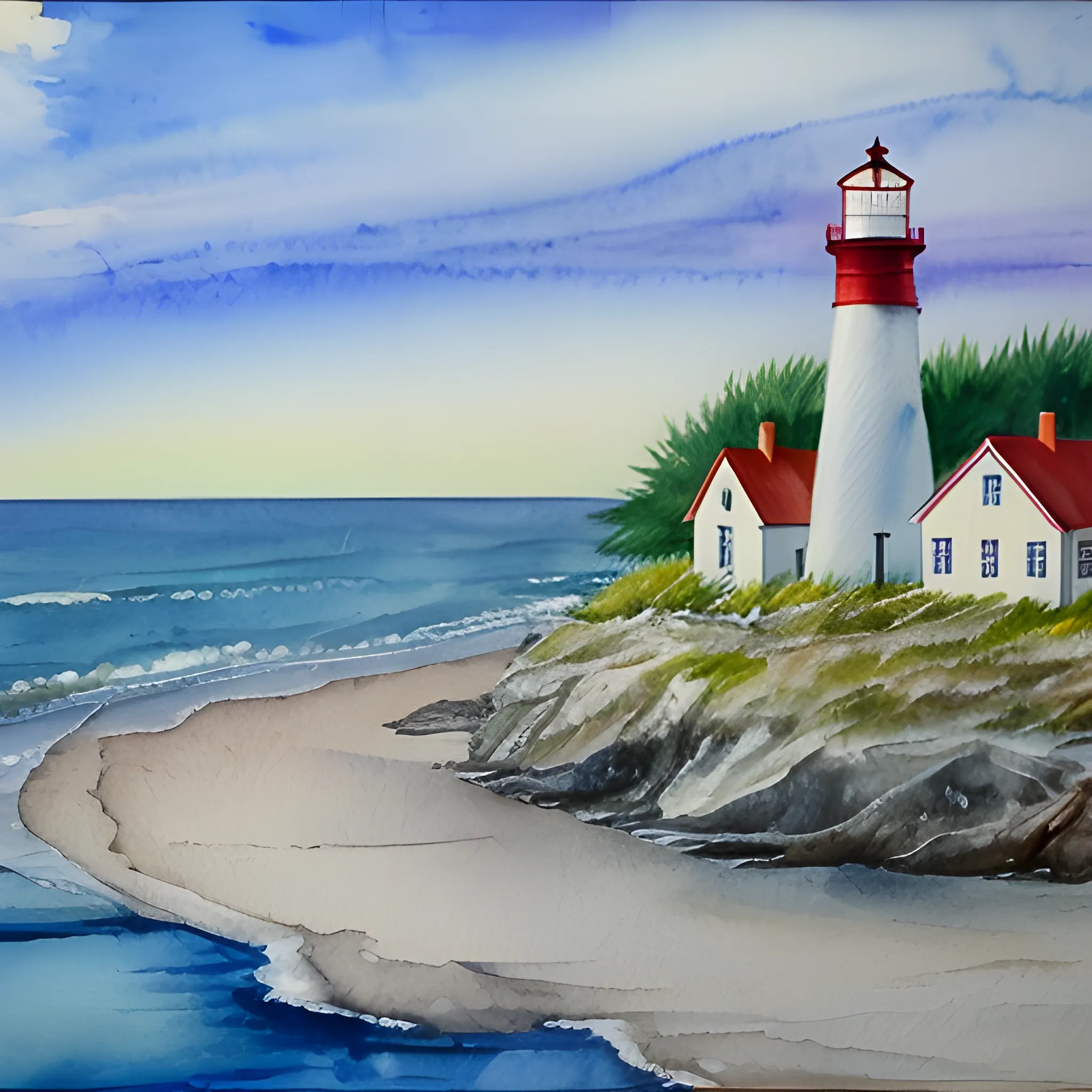 driving along the seashore with the lighthouse light on, Water Color