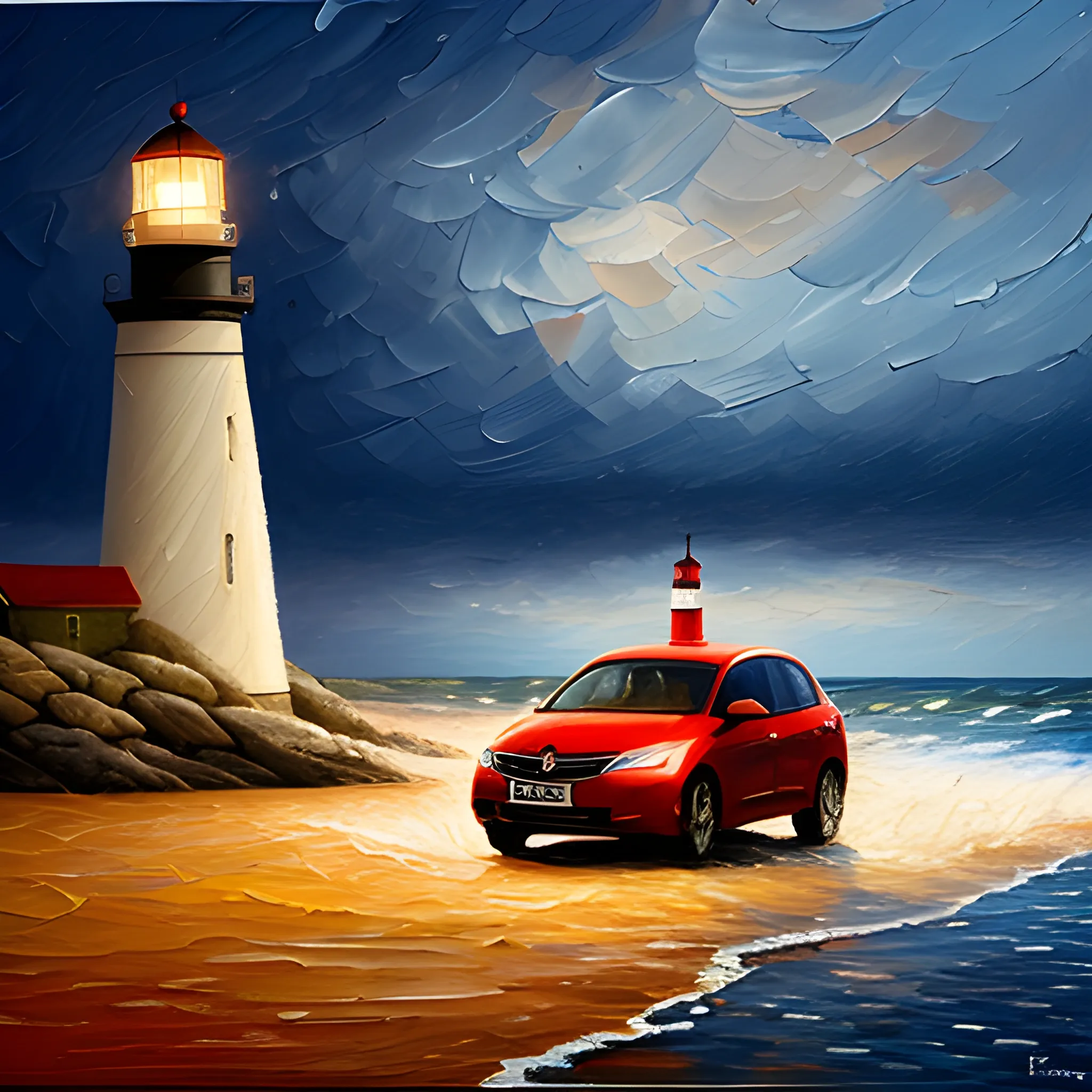 a man driving a car along the seashore with the lighthouse light on, Oil Painting