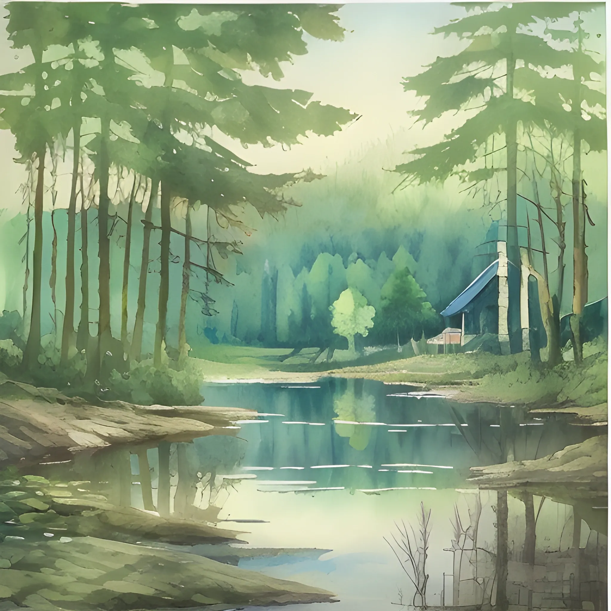 Atelier near a lake in the forest, Water Color