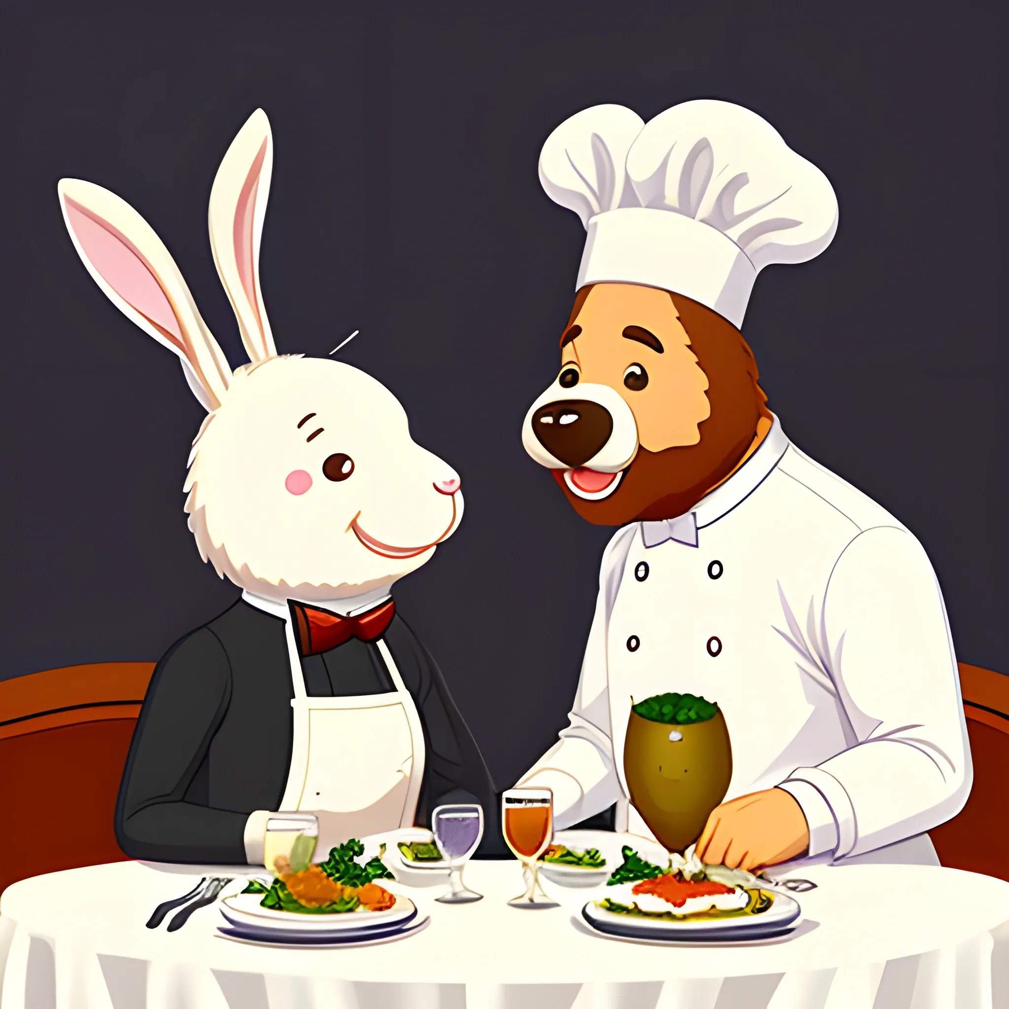 a rabbit waiter and a bear chef at a restaurant, Cartoon