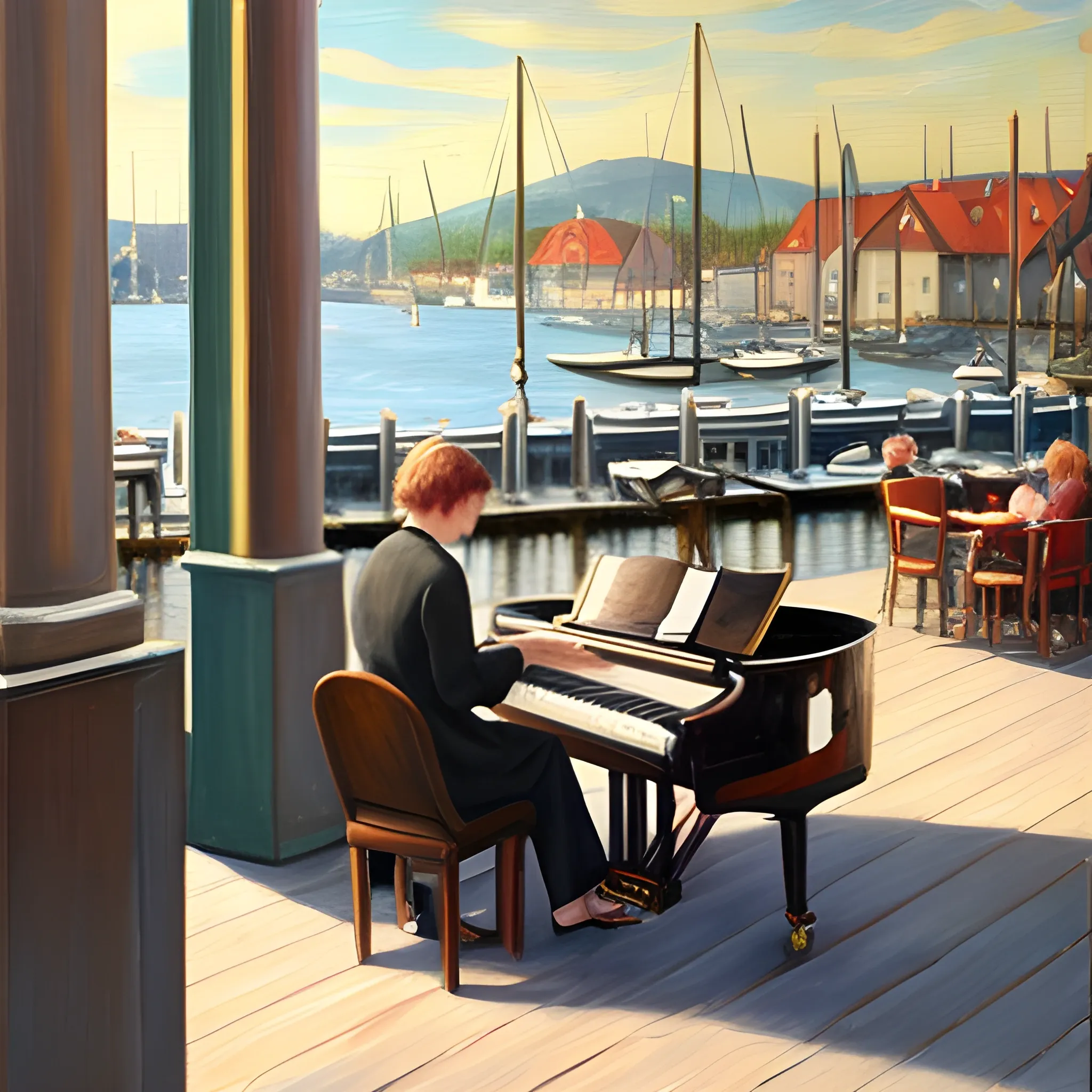 piano, cafe at the harbor, Oil Painting
