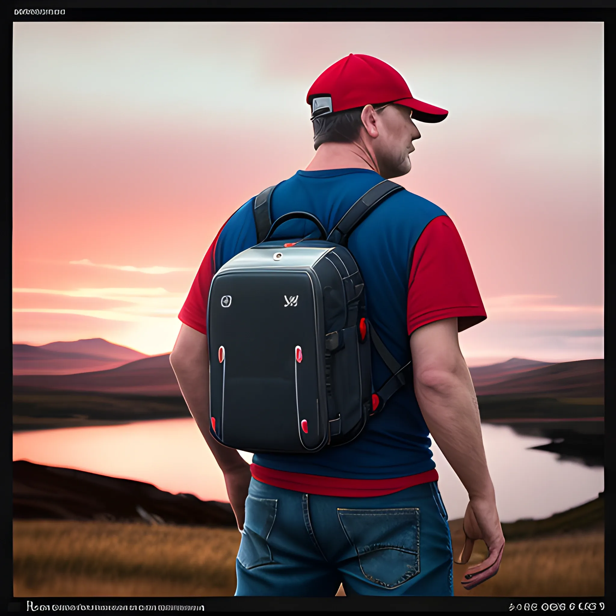 Landscape style in Scotland. A 40-year-old man with a white sports cap, dressed in jeans and a red, blue and white sports shirt. At his side a black labrador breed dog. The man is standing with his back turned, watching the sunrise. Pro-grade color grading, studio lighting, rim lights, layered comps, and shot with an EOS-1D X Mark III camera. Publish on 500px, Behance, and consider concept art.",Photorealistic Images, High-Speed ​​Photography, Table, Steam, Ad Posters, Pro-Grade Color Grading, Studio Lighting, Rim Lights, Layered Comps,EOS-1D X Mark III ,500px,Behance,Concept Art), photo.