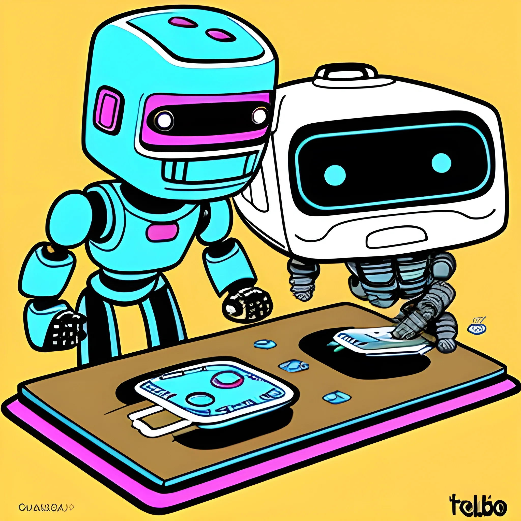 cartel, robot peleando en una plataforma, concurso de robots categoria zumo.
, Cartoon