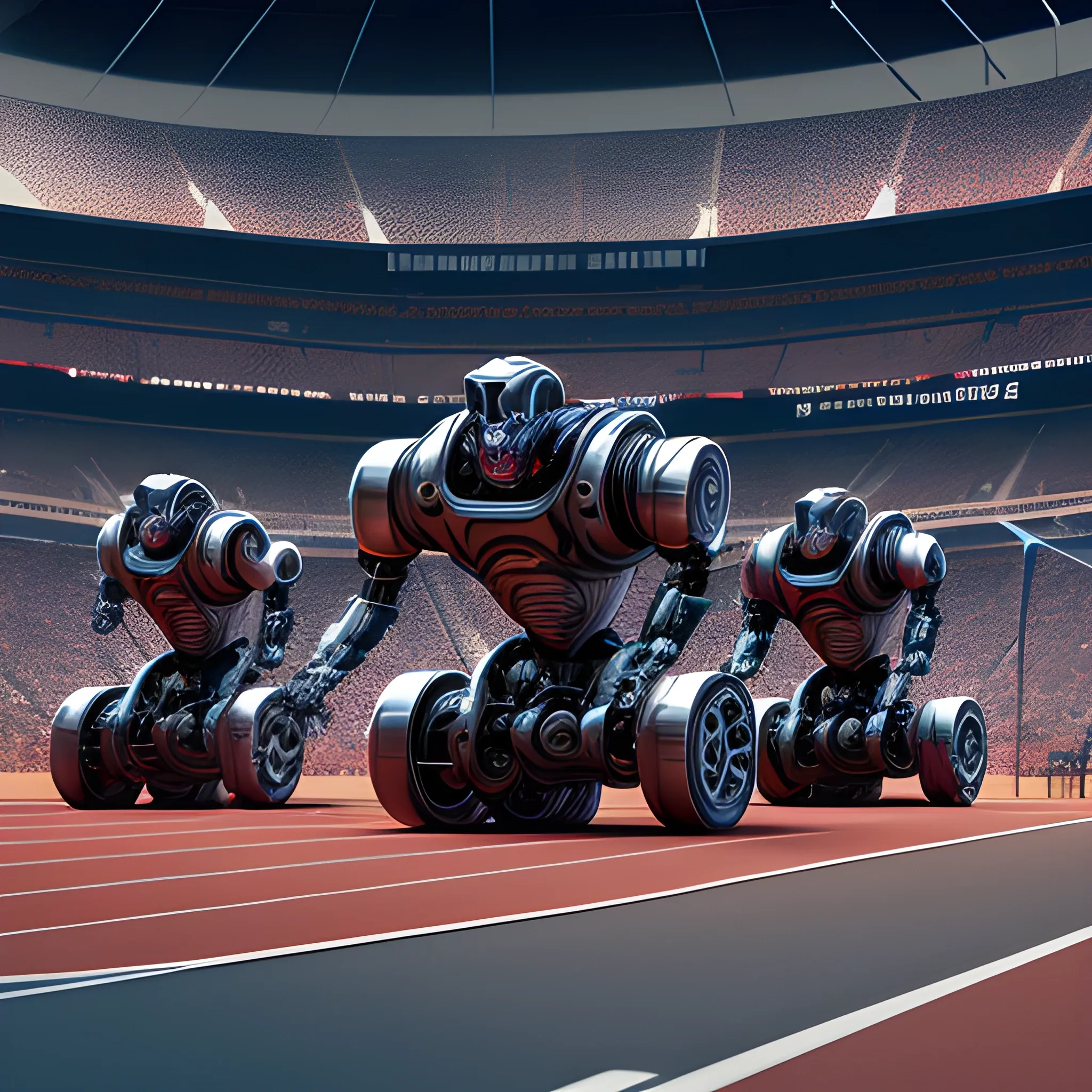 poster for robotics event, robots competing on a track, line followers robots, 3D rendering, terminator, 4k, stadium, ring