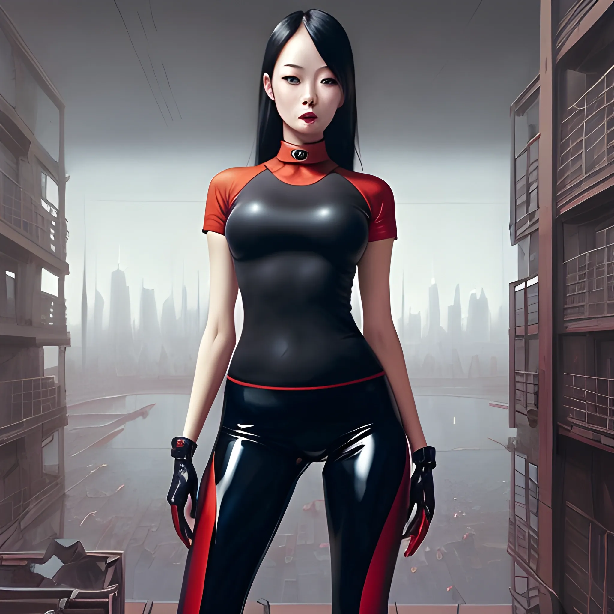 dark painting, intensive colors, office fashion shot of a beautiful modern korean excited woman, symmetric face, manga eyes, full figure, fit, tight shirt,  red latex yoga pants,  cameltoe, choker, postapocaliptic ruined city landscape, sinister art by Greg Rutkowski, Oil Painting