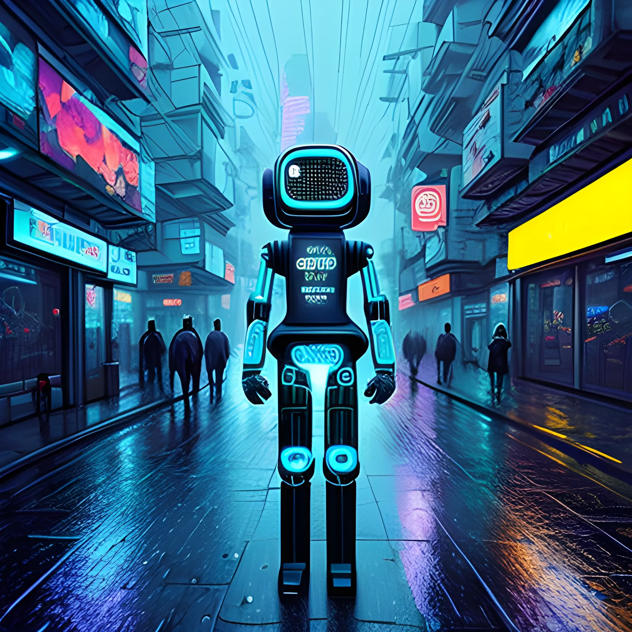 simio robot en la ciudad espacial, cyberpunk, chaqueta celeste bajo la lluvia, calidad extremadamente alta

, 3D, Trippy