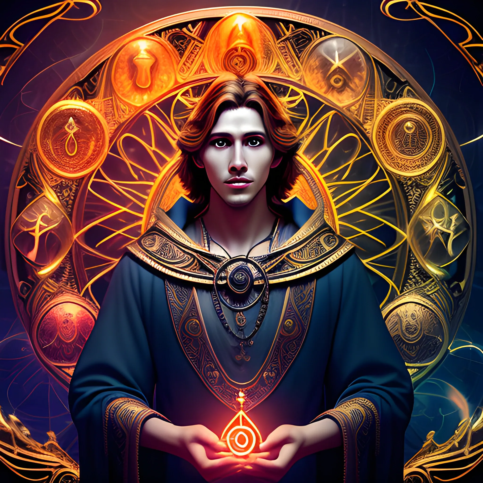 Handsome youngman A mystical seer, oracle, or soothsayer, surrounded by symbols of prophecy and magic. aesthetic quality 3d effect detailed very  realistic cinematic