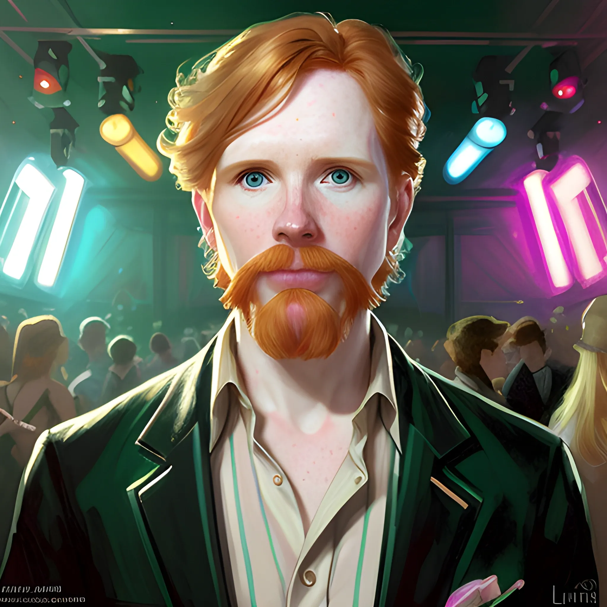 Courtney Gains, at a nightclub, highly detailed softly freckled face, modern American; by Lisa Frank, Daniel Gerhartz, Phil Noto art, Mucha, Manara; hyper-detailed, hyper-realistic, sharp focus; symmetrical face; textured shading, subtractive lighting, Unreal Engine