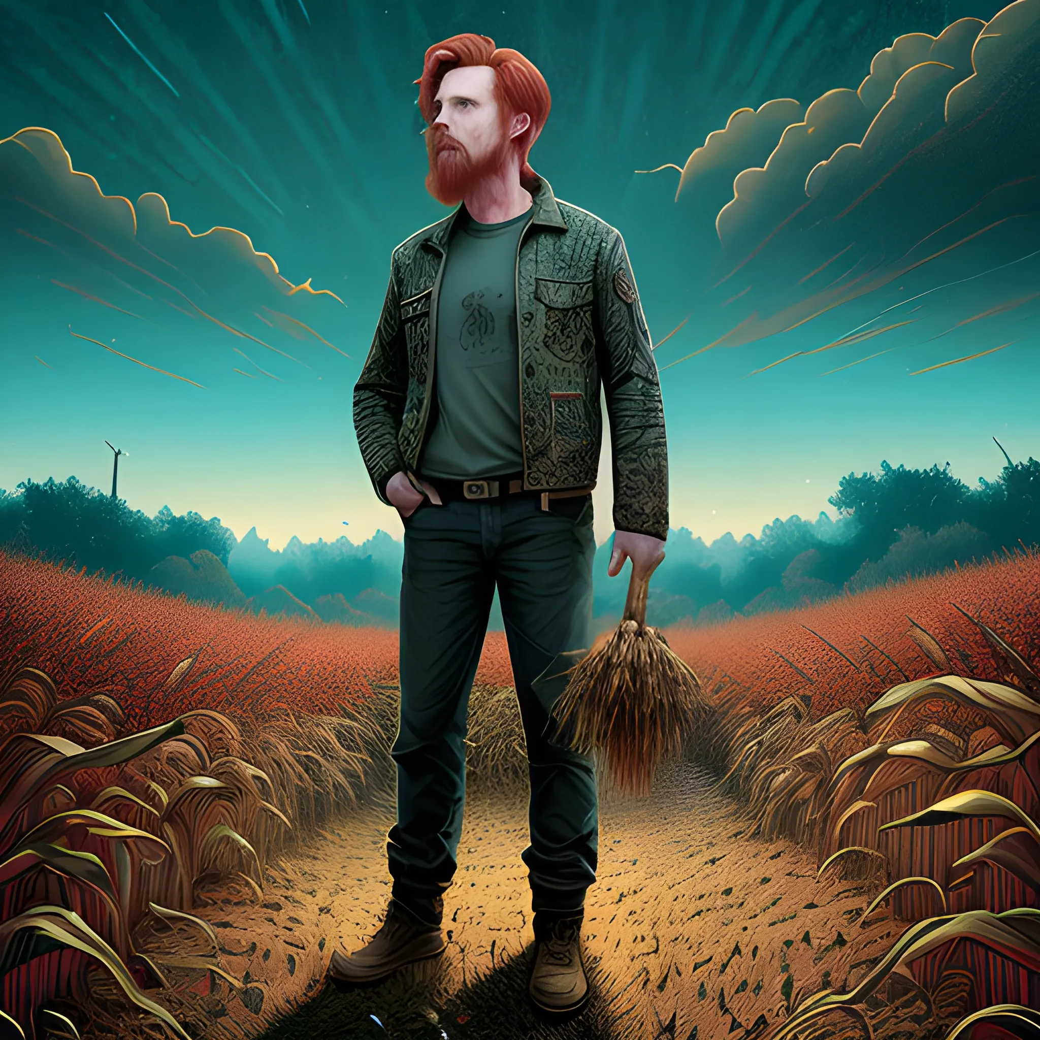 male actor Courtney Gains, his highly detailed handsome face, meticulously detailed multi-hued red hair, hyperdetailed farm clothing, standing in tall corn, cornfield, corncobs, nebula sky; by James R. Eads, Fausto-Giurescu, Tania Rivilis, Renata-s-art, Dan Mumford; muted colors, bleak desolation, airbrush, depth of field, volumetric lighting, deep color, underground comix