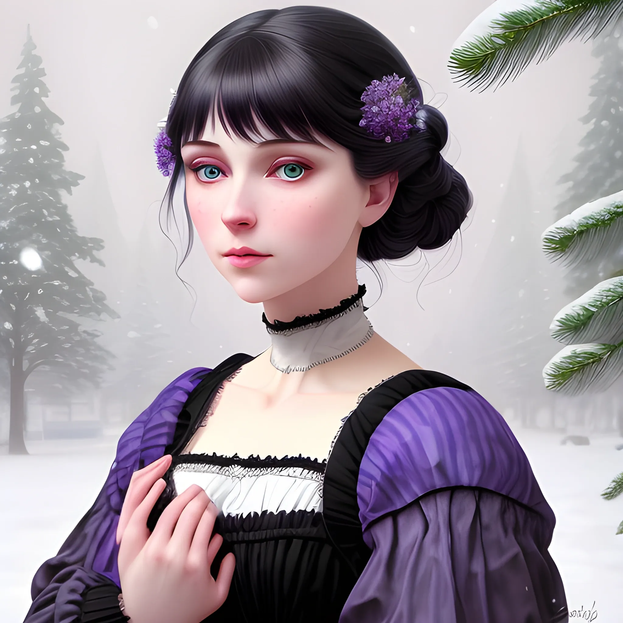 a pale woman with a highly detailed, perfect beautiful face, pale lavender eyes, meticulously detailed multi-hued black hair and a purple dress; background is a snowy riverbank with pine trees, it's snowing; digital painting, artstation; Lisa Frank, artgerm, Greg Rutkowski, William-Adolphe Bouguereau, renaissance, Unreal Engine 5, 3D, Trippy