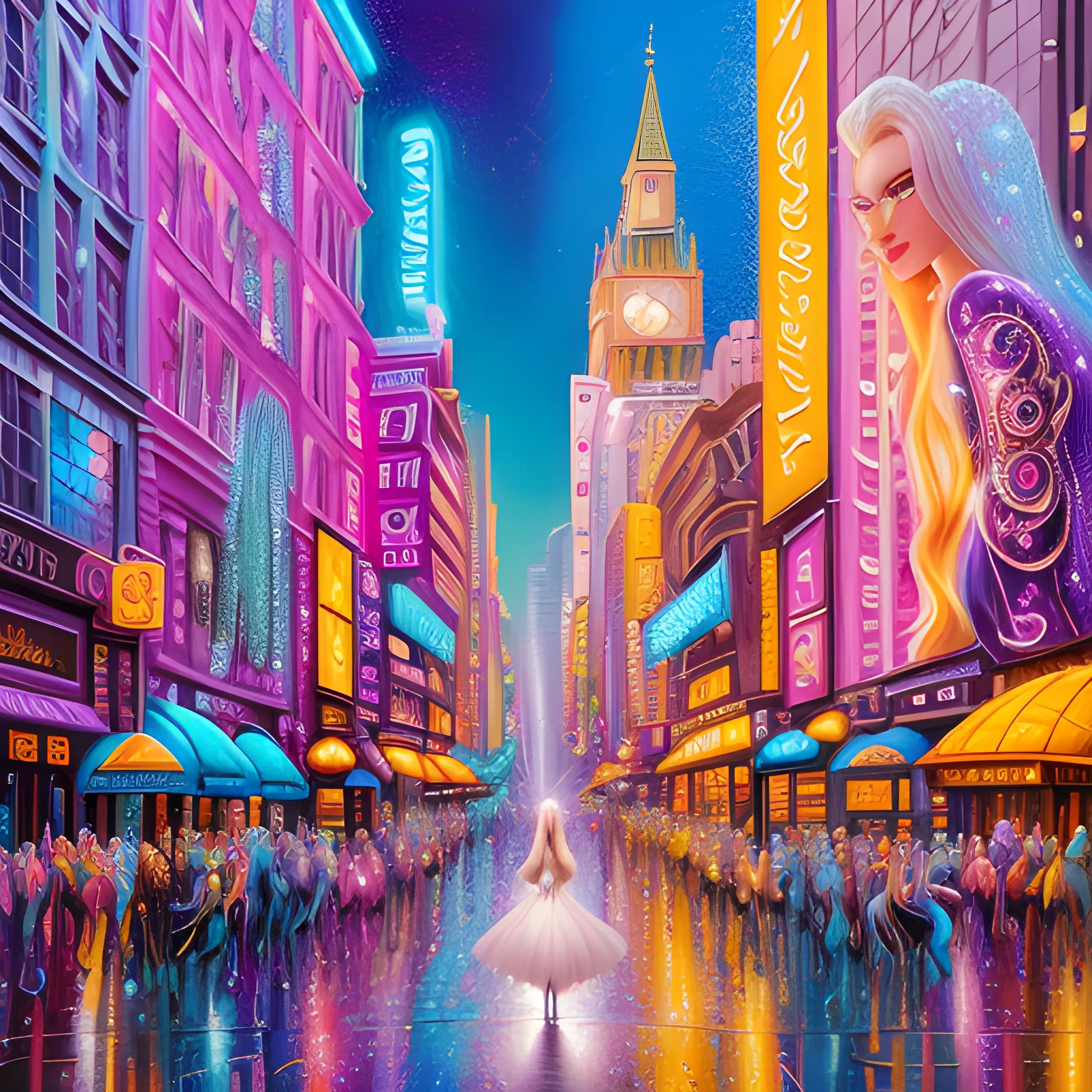 hyperdetailed oil on canvas, young Dove Cameron / Elsa Hosk / Gemma Ward face morph, pale eyes, perfect face, long, blond multi-hued hair, downtown city street; purple, luminous color sparkles; James R. Eads, Gawki, rajewel, Tania Rivilis, Dan Mumford, Lisa Frank, glitter, airbrush, Octane Render, volumetric lighting, 3D, 3D