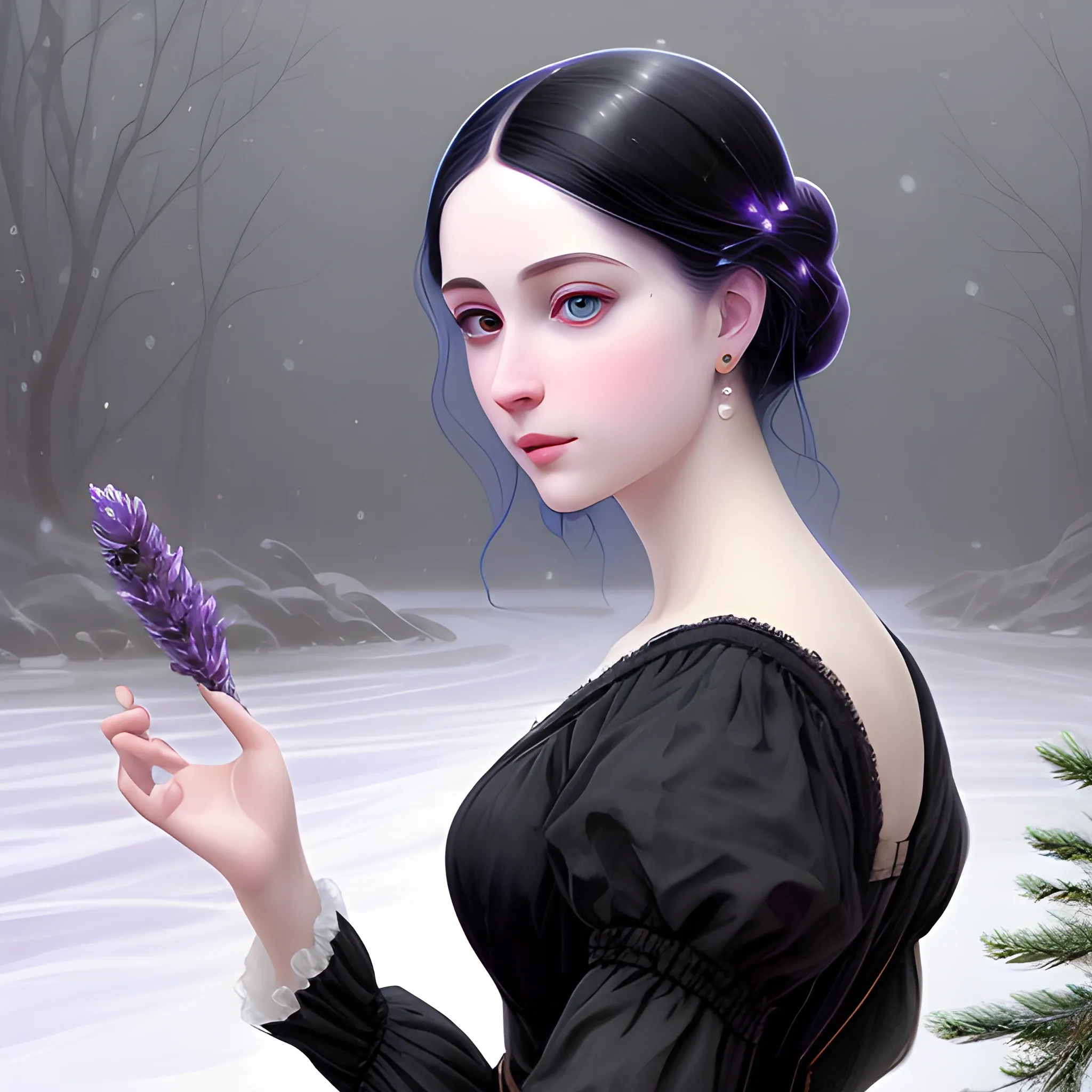 a pale woman with a highly detailed, perfect beautiful face, pale lavender eyes, meticulously detailed multi-hued black hair and a purple dress; background is a snowy riverbank with pine trees, it's snowing; digital painting, artstation; Lisa Frank, artgerm, Greg Rutkowski, William-Adolphe Bouguereau, renaissance, Unreal Engine 5, 3D, Trippy