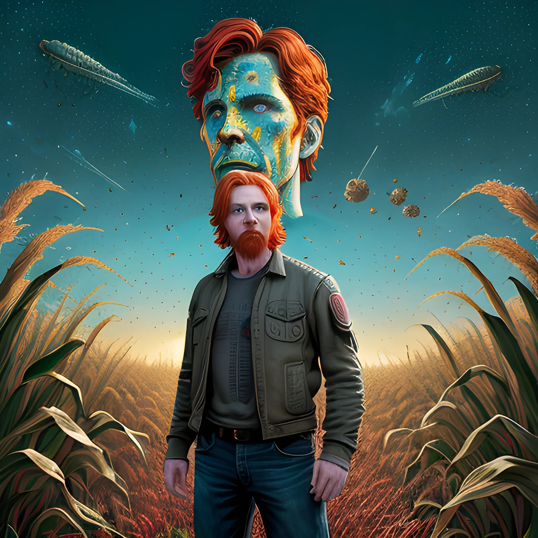 male actor Courtney Gains, his highly detailed handsome face, meticulously detailed multi-hued red hair, hyperdetailed farm clothing, standing in 8 foot tall corn, cornfield, corncobs, nebula sky; by James R. Eads, Fausto-Giurescu, Tania Rivilis, Renata-s-art, Dan Mumford; muted colors, bleak desolation, airbrush, depth of field, volumetric lighting, deep color, underground comix