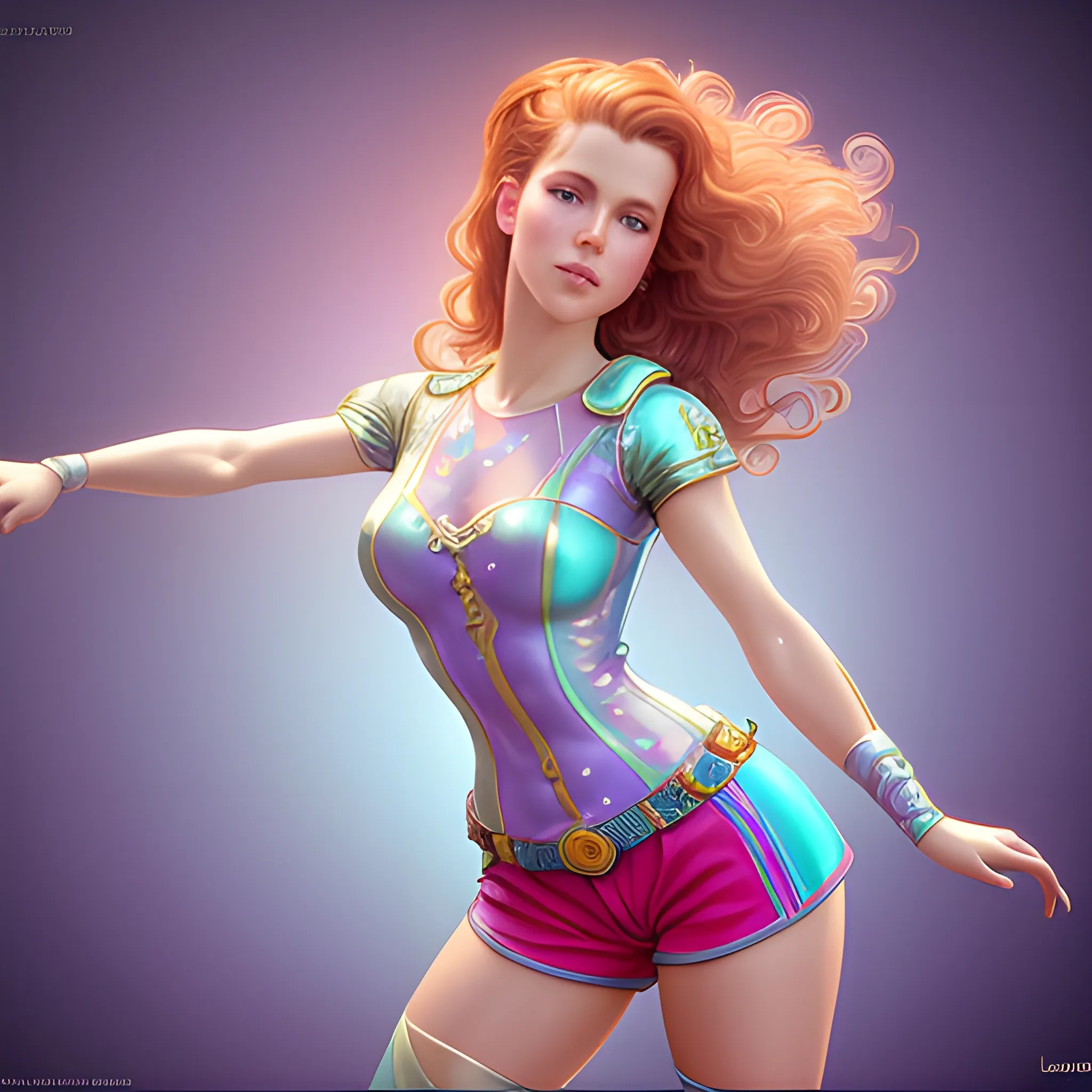 Robyn Lively wearing hotpants and roller-skates, highly detailed beautiful face; glitter, renaissance; high contrast, pastel, sorbet, pearlescent, underwater, surreal, Unreal Engine 5; by Dan Parent, Alphonse Mucha, Artgerm, WLOP, intricately detailed, fantasy, bizarre, beautiful, Chromolithography, Soft Shading, Unreal Engine; digital painting, smooth, sharp focus, illustration, art by lisa frank, Steve Goad, Frank Frazetta, William-Adolphe Bouguereau, Unreal Engine 5, 3D