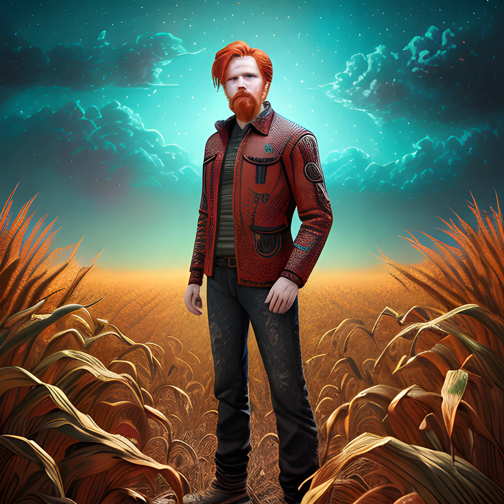 male actor Courtney Gains, his highly detailed handsome face, meticulously detailed multi-hued red hair, hyperdetailed farm clothing, standing in 8 foot tall corn, cornfield, corncobs, nebula sky; by James R. Eads, Fausto-Giurescu, Tania Rivilis, Renata-s-art, Dan Mumford; muted colors, bleak desolation, airbrush, depth of field, volumetric lighting, deep color, underground comix, 3D