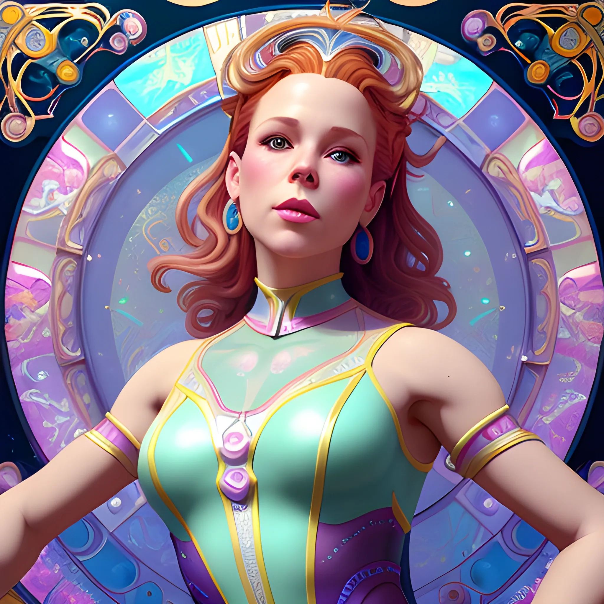 Robyn Lively wearing hotpants and roller-skates, highly detailed beautiful face; glitter, renaissance; high contrast, pastel, sorbet, pearlescent, underwater, surreal, Unreal Engine 5; by Dan Parent, Alphonse Mucha, Artgerm, WLOP, intricately detailed, fantasy, bizarre, beautiful, Chromolithography, Soft Shading, Unreal Engine; digital painting, smooth, sharp focus, illustration, art by lisa frank, Steve Goad, Frank Frazetta, William-Adolphe Bouguereau, Unreal Engine 5, 3D