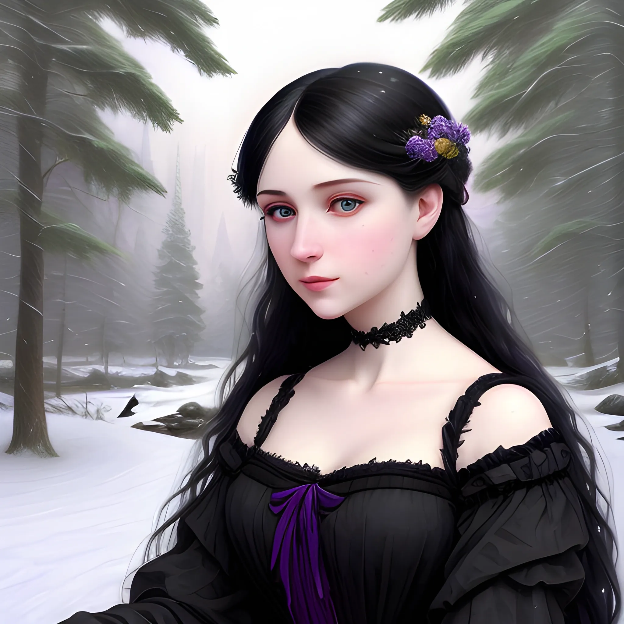 a pale woman with a highly detailed, perfect beautiful face, pale lavender eyes, meticulously detailed black long, flowing loose black hair and a purple dress; background is a snowy riverbank with pine trees, it's snowing; digital painting, artstation; Lisa Frank, artgerm, Greg Rutkowski, William-Adolphe Bouguereau, renaissance, Unreal Engine 5, 3D, Trippy