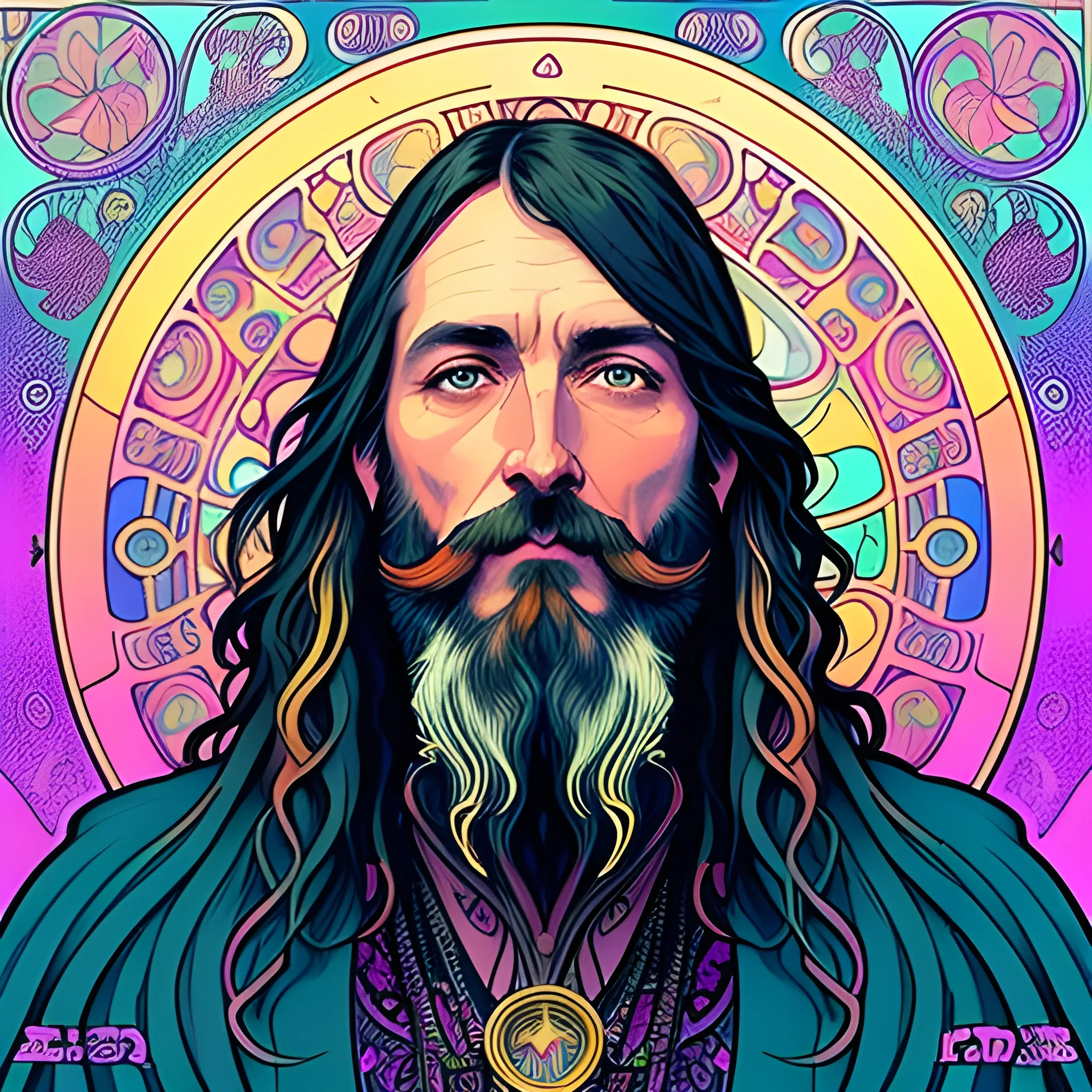 young man, Chris Robinson of The Black Crowes, close up, his highly detailed face, clean, clear blue eyes, meticulously detailed beard; hippie, he gazes across a misty landscape; pink, yellow, psychedelic; fantasy, Vintage Art, 8k resolution art Nouveau poster; Alphonse Mucha, Artgerm, WLOP, Illustration intricately detailed, trending on Artstation, Renaissance, triadic colors, Chromolithography Soft Shading, Trippy, 3D