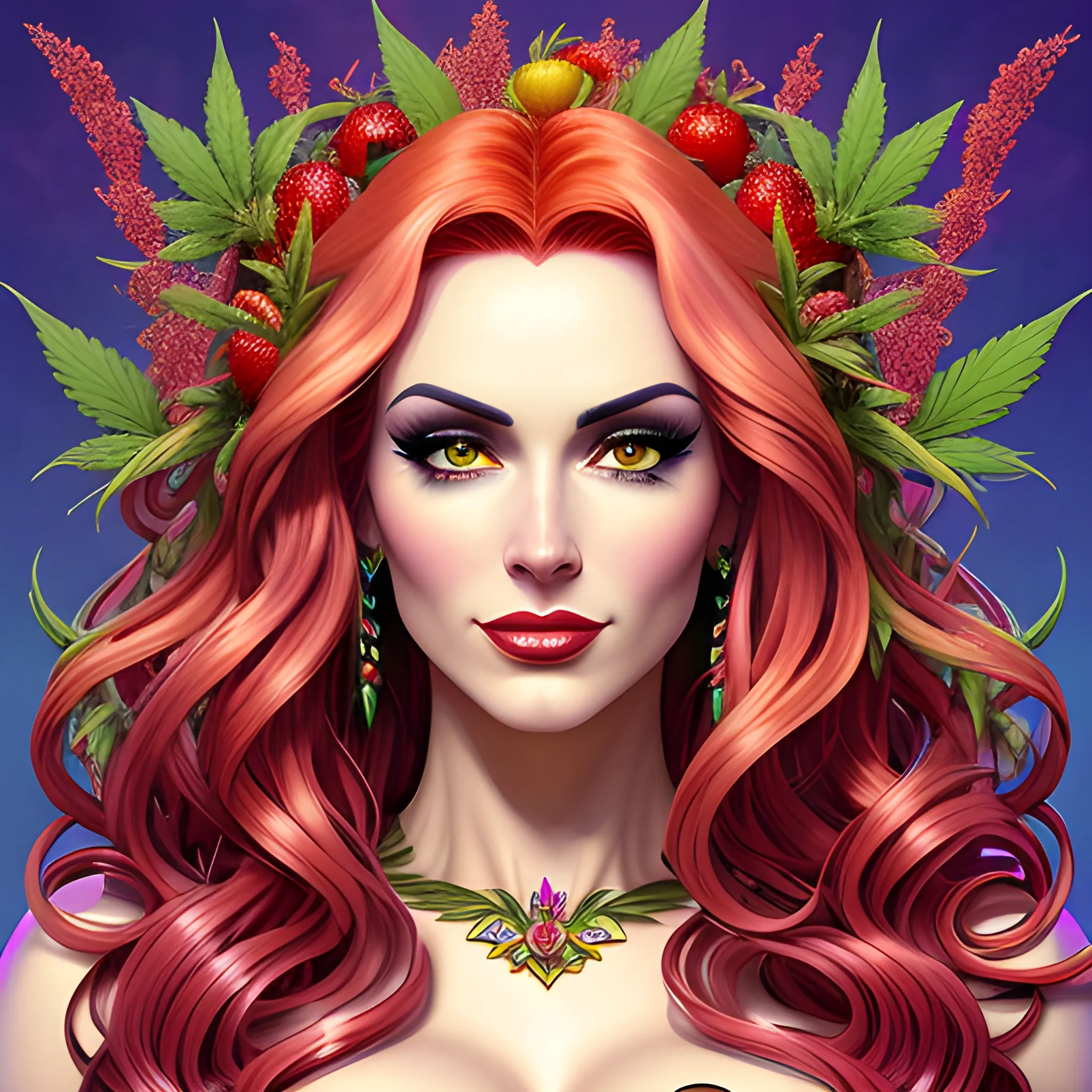 comic book version of young Strawberry Shortcake as a marijuana Goddess, pretty and highly detailed face, meticulously detailed multi-hued long curly red hair; surrounded by luminous color sparkles and marijuana plants, lemon slices; modern American; by Dan Parent art, Daniel Gerhartz, Lisa Frank, Sienkiewicz, Mucha, jim lee art; hyper-detailed, hyper-realistic, sharp focus; symmetrical face; textured shading, subtractive lighting, marijuana, lemons, pomegranate arils, 3D