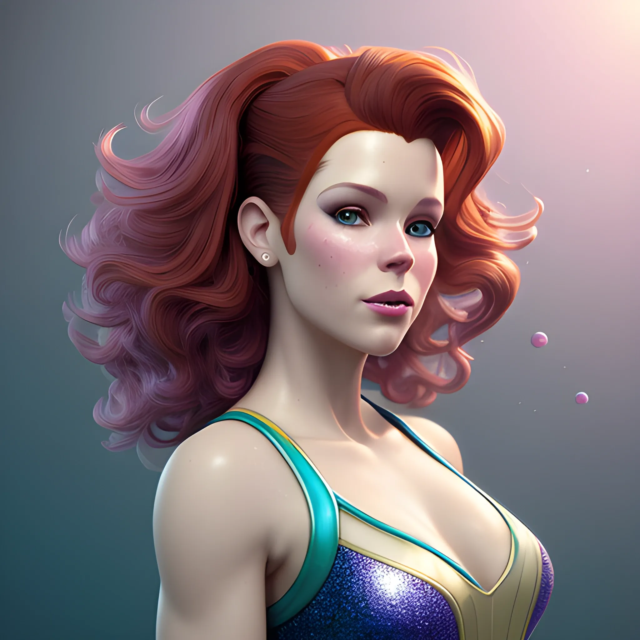 Robyn Lively wearing hotpants and roller-skates, highly detailed beautiful face; dark red hair, glitter; high contrast, pastel, sorbet, pearlescent, underwater, surreal, Unreal Engine 5; by Dan Parent, Artgerm, WLOP, intricately detailed, fantasy, bizarre, beautiful, Chromolithography, Soft Shading, Unreal Engine; digital painting, smooth, sharp focus, illustration, art by lisa frank, Steve Goad, Frank Frazetta, William-Adolphe Bouguereau, Unreal Engine 5, 3D