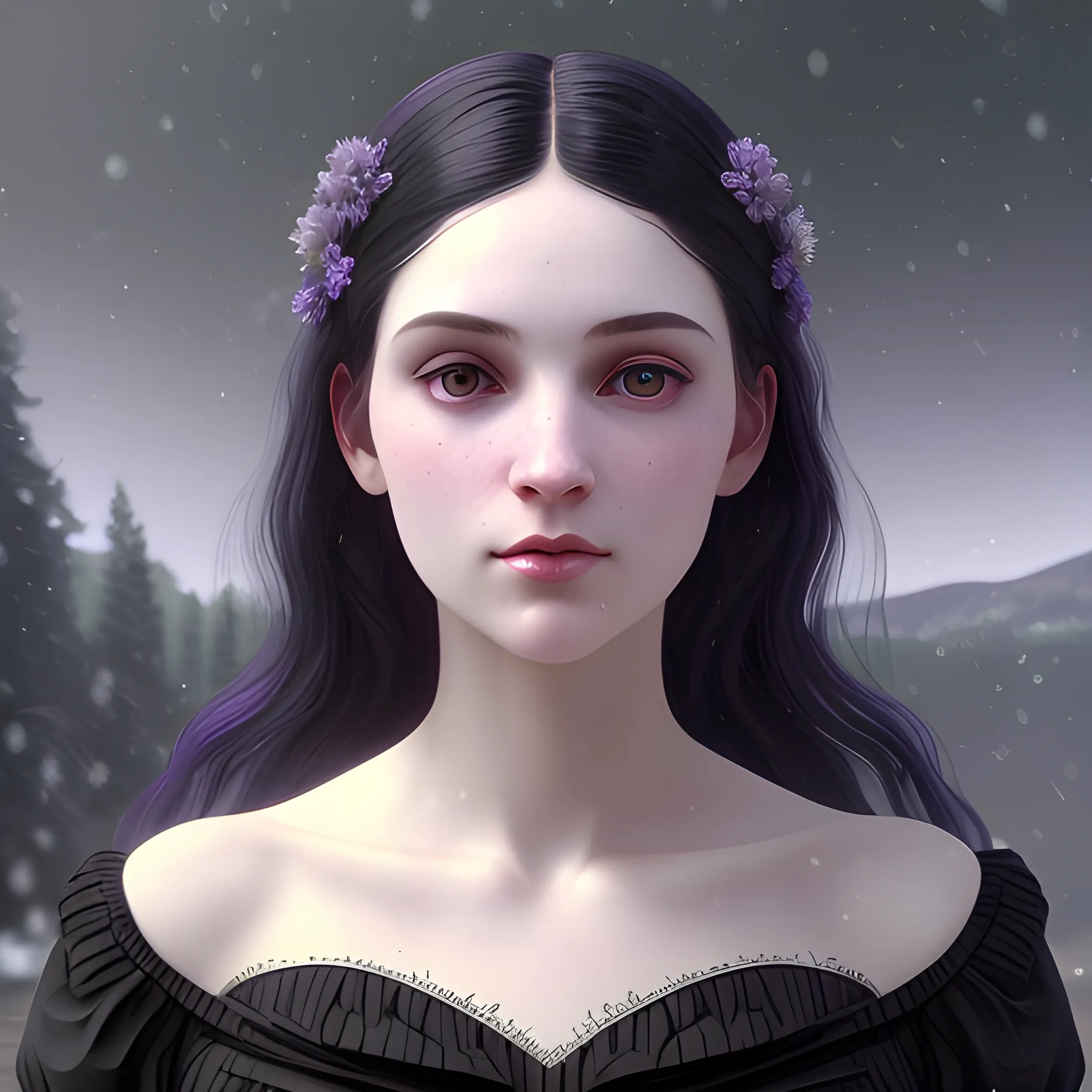 a pale woman with a highly detailed, perfect beautiful face, pale lavender eyes, meticulously detailed black long, flowing loose black hair and a purple dress; background is a snowy riverbank with pine trees, it's snowing; snow, snowflakes, glitter, luminos color sparkles, nebula sky, digital painting, artstation; Lisa Frank, artgerm, Greg Rutkowski, William-Adolphe Bouguereau, renaissance, Unreal Engine 5, 3D, Trippy