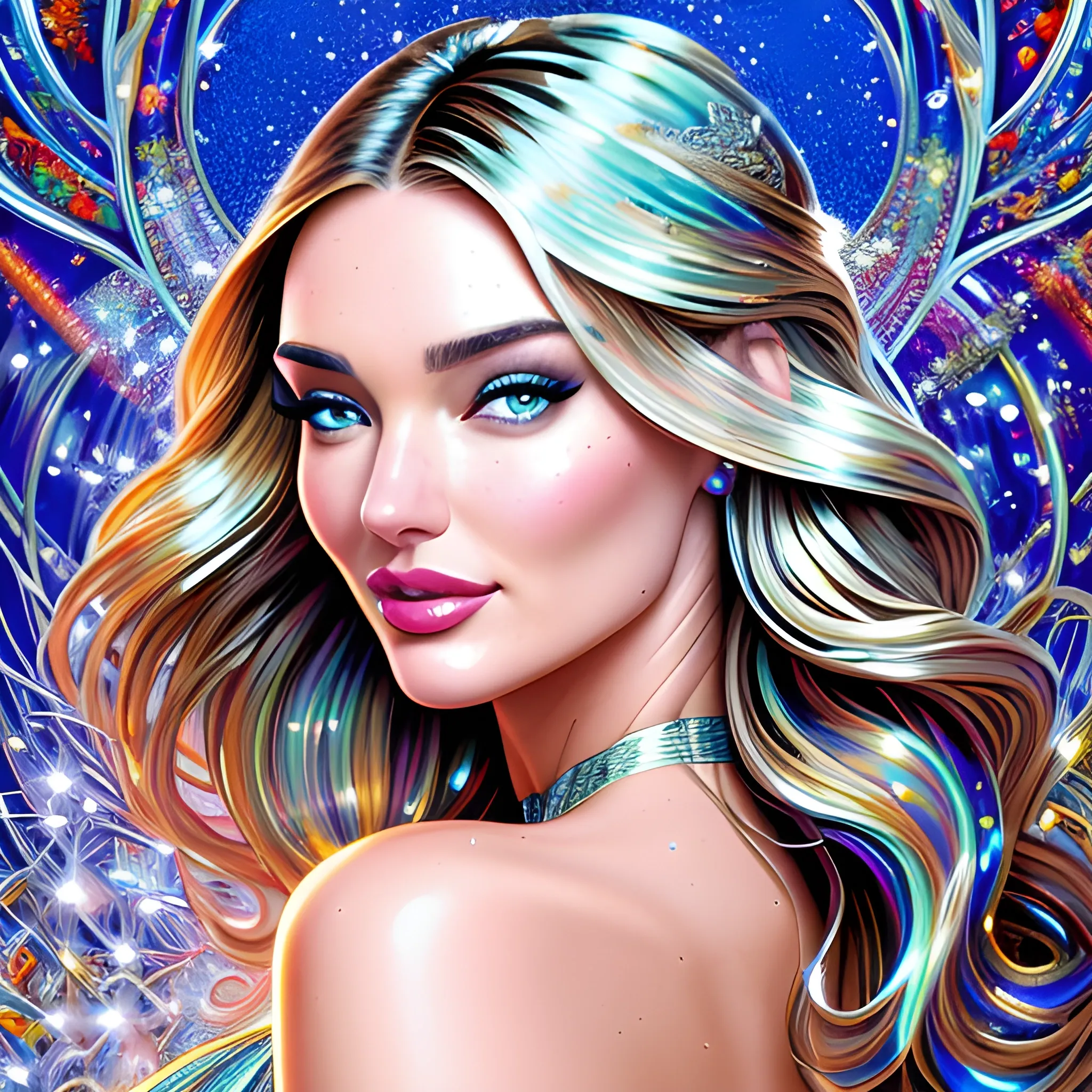 young Miranda Kerr / Candice Swanepoel face morph, her highly detailed attractive face, meticulously detailed, multi-hued white-blond hair, blue eyes, dimple; by James R. Eads, Fausto-Giurescu, Tania Rivilis, Maxfield Parrish, Alphonse Mucha, Dan Mumford; luminous colorful sparkles, glitter, airbrush, depth of field, volumetric lighting Jason Beam art, Julie Bell art, Scott M Fischer, Neysa McMein