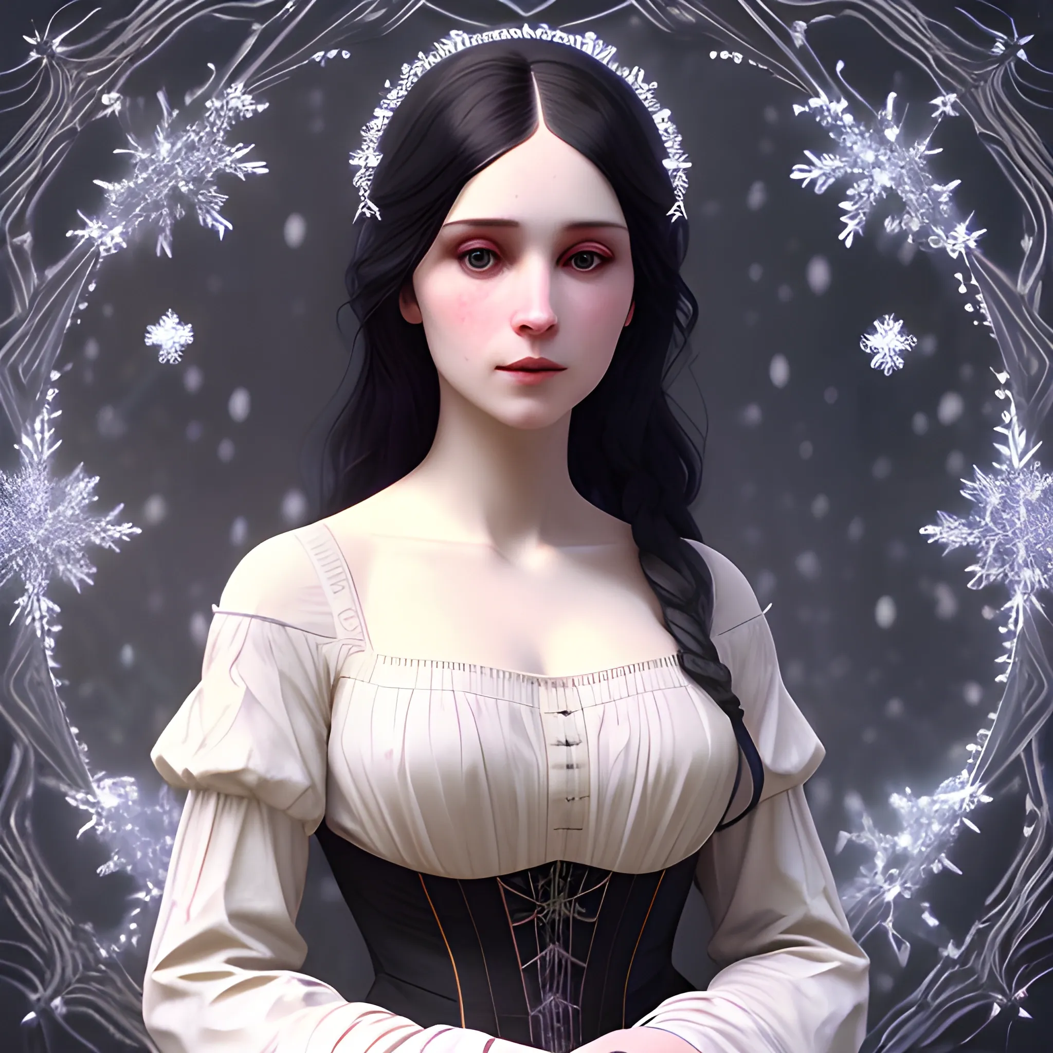a pale woman with a highly detailed, perfect beautiful face, pale lavender eyes, meticulously detailed black long, flowing loose black hair and a purple dress; background is a snowy riverbank with pine trees, it's snowing; snow, snowflakes, glitter, luminos color sparkles, nebula sky, digital painting, artstation; Lisa Frank, artgerm, Greg Rutkowski, William-Adolphe Bouguereau, renaissance, Unreal Engine 5, 3D, Trippy