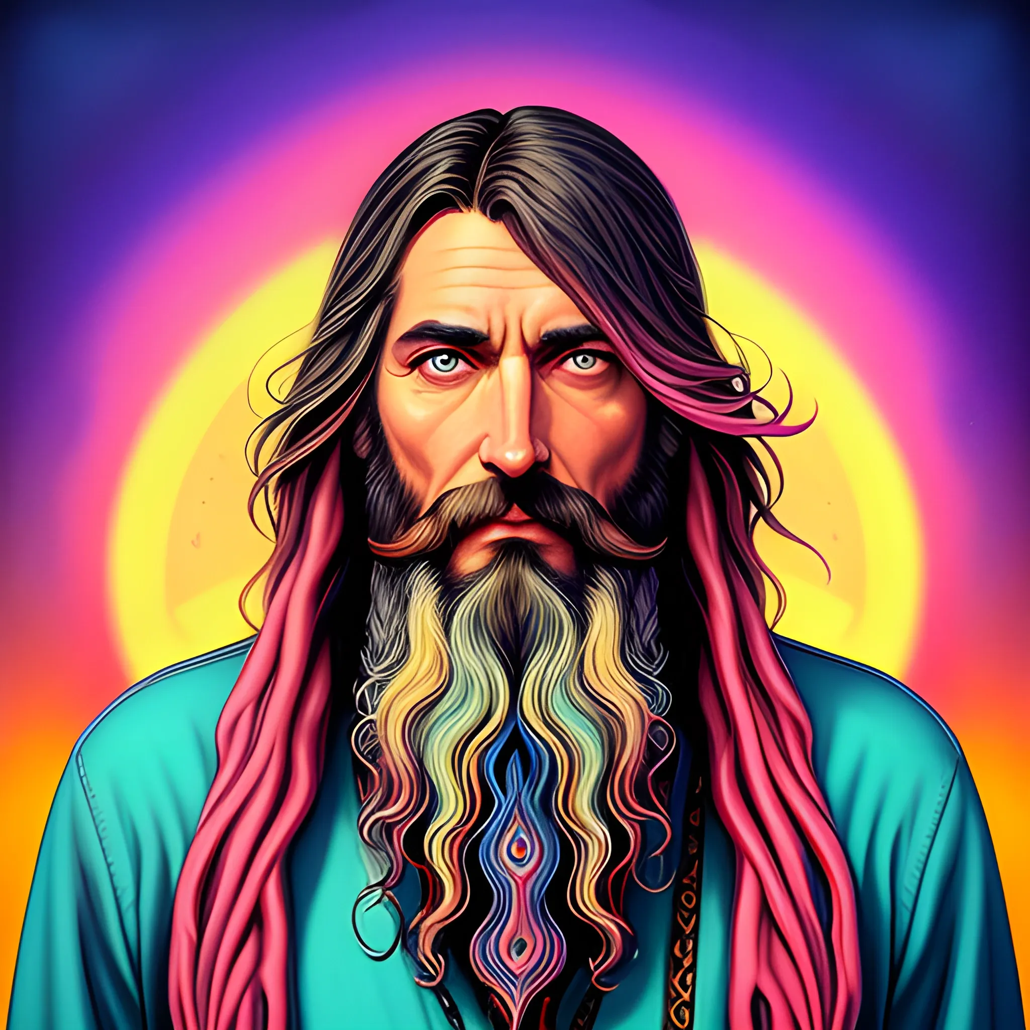 young man, Chris Robinson of The Black Crowes, close up, his highly detailed face, clean, clear blue eyes, meticulously detailed beard; hippie, he gazes across a misty landscape; pink, yellow, psychedelic; fantasy, 8k resolution, Cyril Rolando, WLOP, Illustration intricately detailed, trending on Artstation, Renaissance, triadic colors, Chromolithography Soft Shading, Trippy, 3D