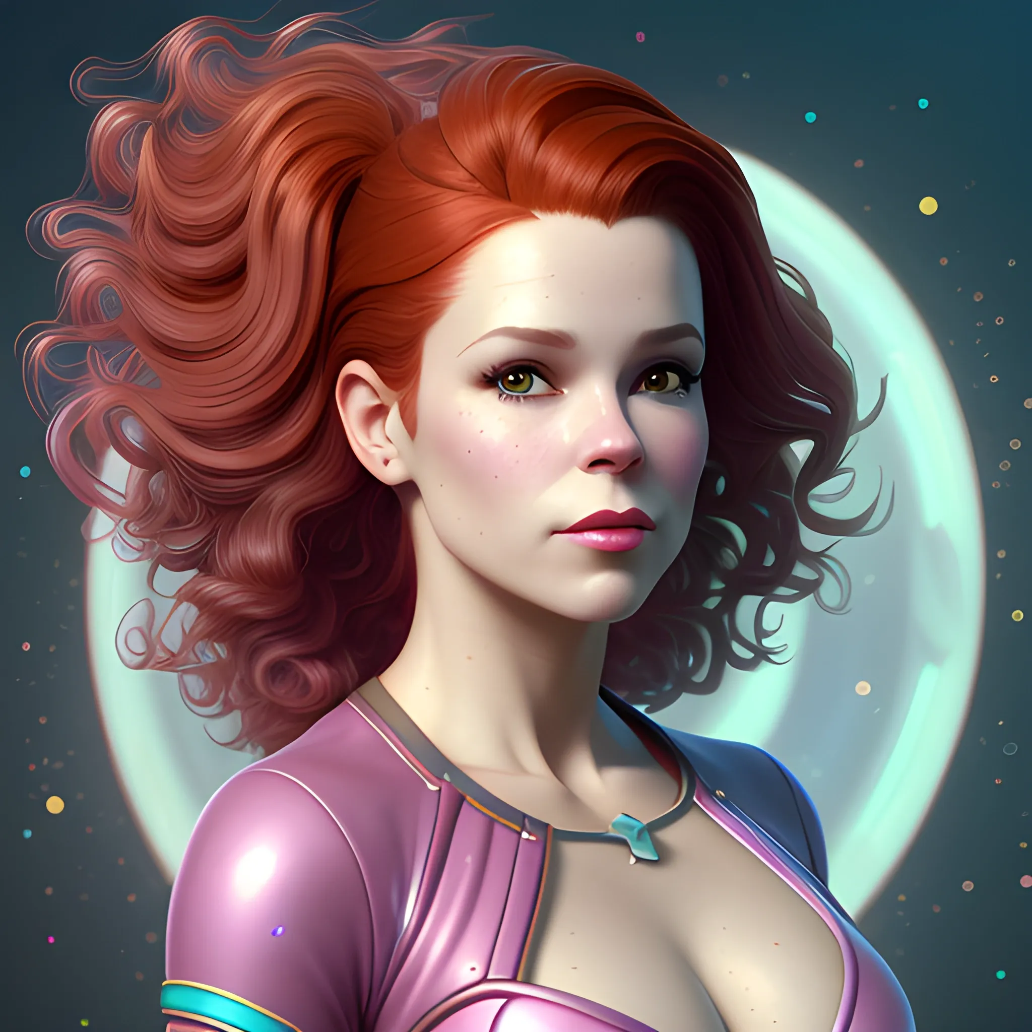 Robyn Lively wearing hotpants and roller-skates, highly detailed beautiful face; dark red hair, glitter; high contrast, pastel, sorbet, pearlescent, underwater, surreal, Unreal Engine 5; by Dan Parent, Artgerm, WLOP, intricately detailed, fantasy, bizarre, beautiful, Chromolithography, Soft Shading, Unreal Engine; digital painting, smooth, sharp focus, illustration, art by lisa frank, Steve Goad, Frank Frazetta, William-Adolphe Bouguereau, Unreal Engine 5, 3D