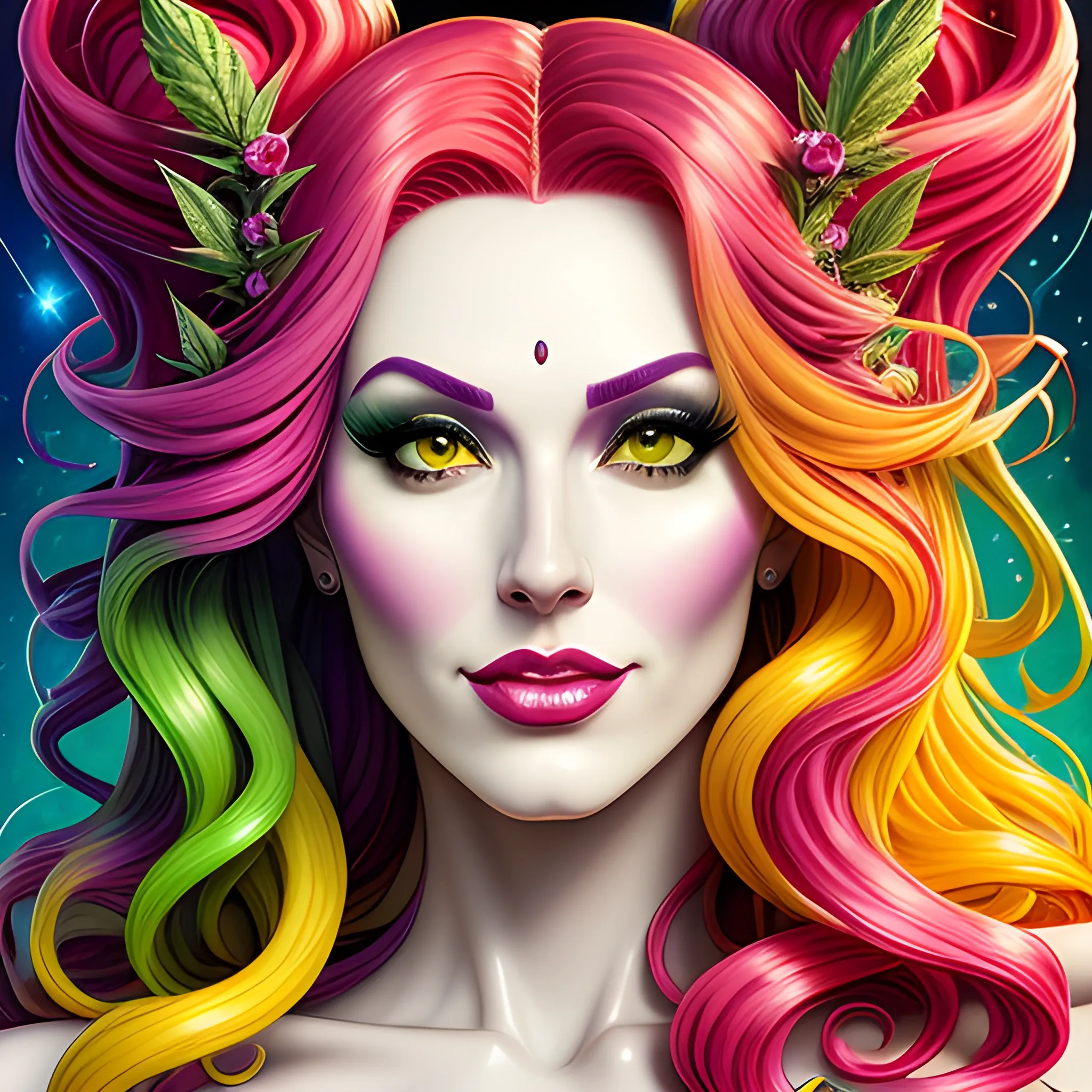 comic book version of young Strawberry Shortcake / Rainbow Brite face morph as a marijuana Goddess, pretty and highly detailed face, meticulously detailed multi-hued long curly red hair; surrounded by luminous color sparkles and marijuana plants, lemon slices; modern American; by Dan Parent art, Daniel Gerhartz, Lisa Frank, Sienkiewicz, Mucha, jim lee art; hyper-detailed, hyper-realistic, sharp focus; symmetrical face; textured shading, subtractive lighting, marijuana, lemons, pomegranate arils, 3D