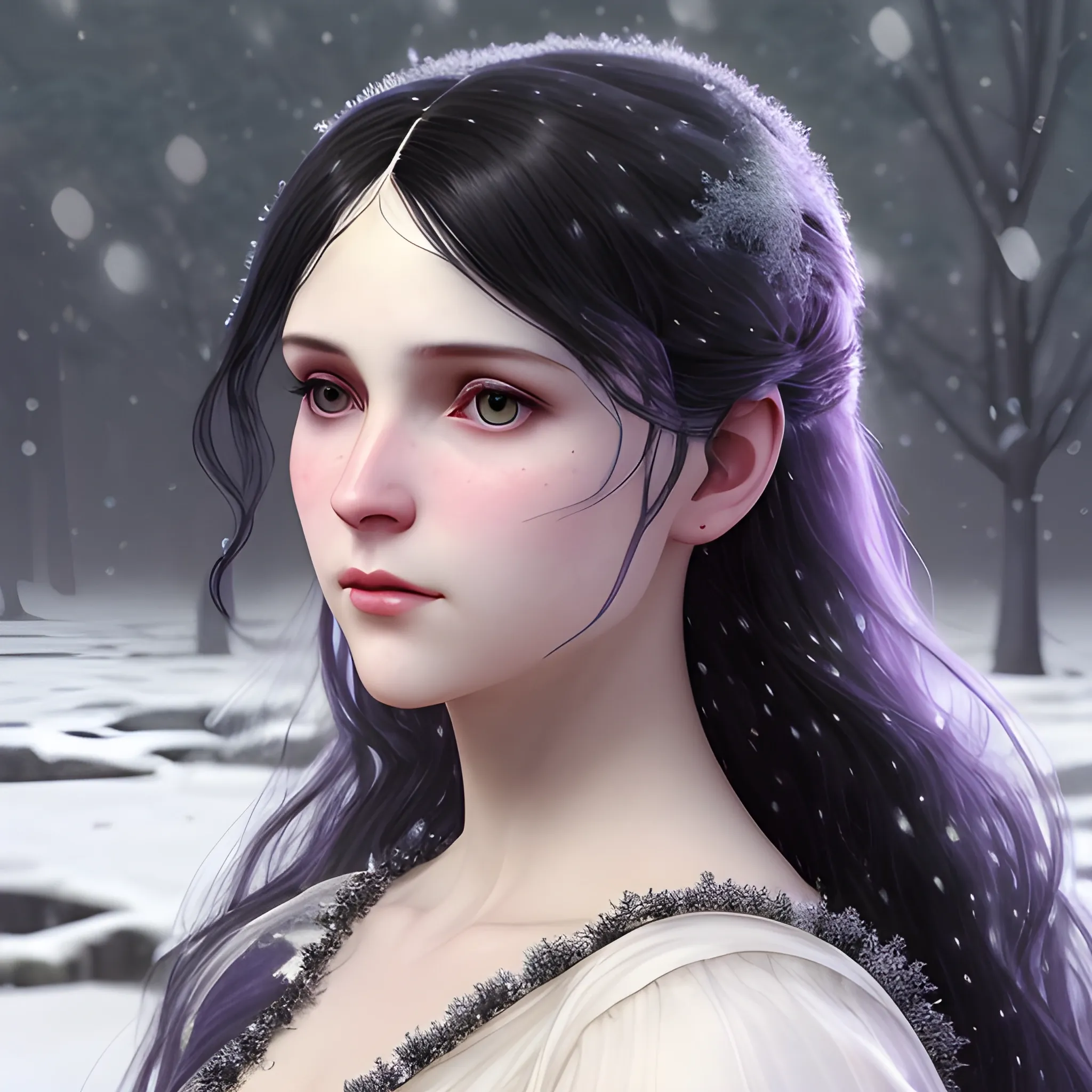 a pale woman with a highly detailed, perfect beautiful face, pale lavender eyes, meticulously detailed black long, flowing loose black hair and a purple dress; background is a snowy riverbank with pine trees, it's snowing; snow, snowflakes, glitter, luminos color sparkles, nebula sky, digital painting, artstation; Lisa Frank, artgerm, Greg Rutkowski, William-Adolphe Bouguereau, renaissance, Unreal Engine 5, 3D