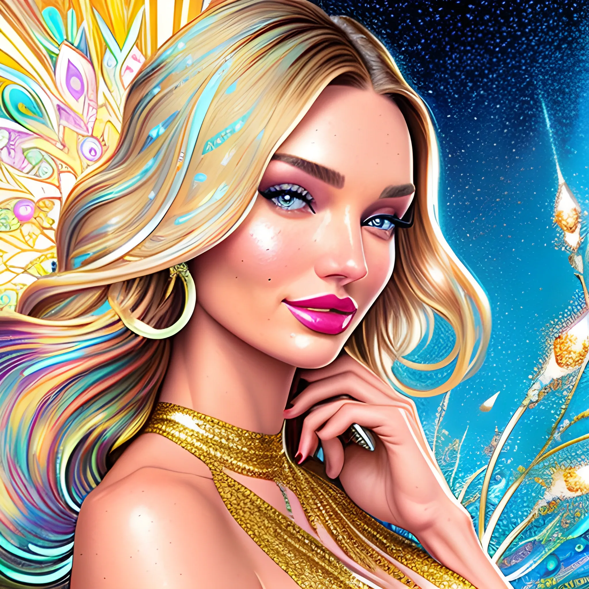 young Miranda Kerr / Candice Swanepoel / Elsa Hosk face morph, her highly detailed attractive face, meticulously detailed, multi-hued white-blond hair, blue eyes, dimple; by James R. Eads, Fausto-Giurescu, Tania Rivilis, Maxfield Parrish, Alphonse Mucha, Dan Mumford; luminous colorful sparkles, glitter, airbrush, depth of field, volumetric lighting Jason Beam art, Julie Bell art, Scott M Fischer, Neysa McMein