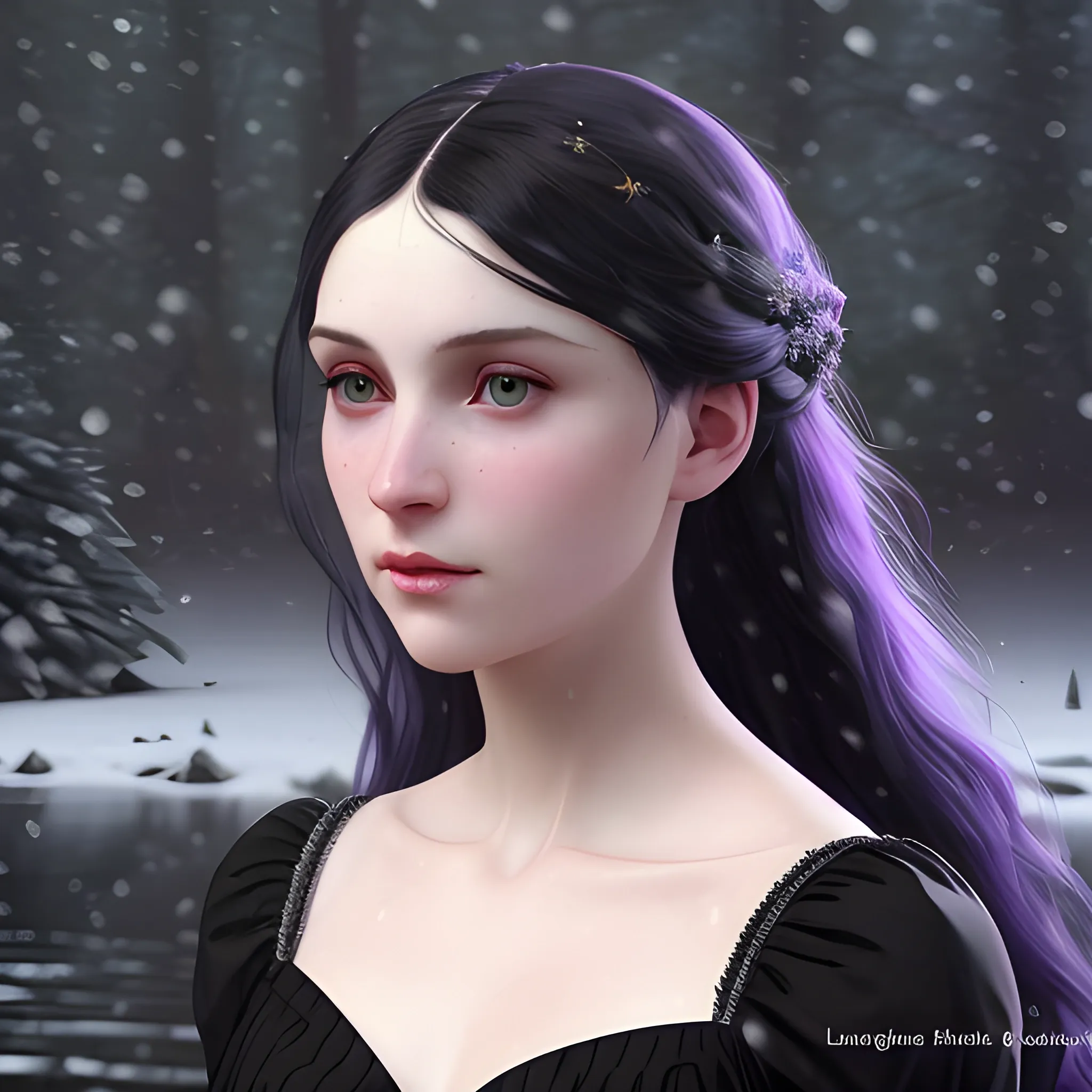 a pale woman with a highly detailed, perfect beautiful face, pale lavender eyes, meticulously detailed black long, flowing loose black hair and a purple dress; background is a snowy riverbank with pine trees, it's snowing; snow, snowflakes, glitter, luminos color sparkles, nebula sky, digital painting, artstation; Lisa Frank, artgerm, Greg Rutkowski, William-Adolphe Bouguereau, renaissance, Unreal Engine 5, 3D