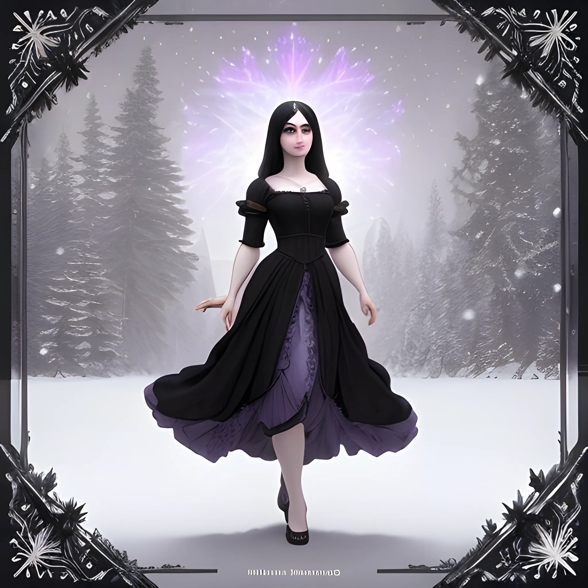 a pale woman with a highly detailed, perfect beautiful face, pale lavender eyes, meticulously detailed black long, flowing loose black hair and a purple dress; background is a snowy riverbank with pine trees, it's snowing; snow, snowflakes, glitter, luminos color sparkles, nebula sky, digital painting, artstation; Lisa Frank, artgerm, Greg Rutkowski, William-Adolphe Bouguereau, renaissance, Unreal Engine 5, 3D