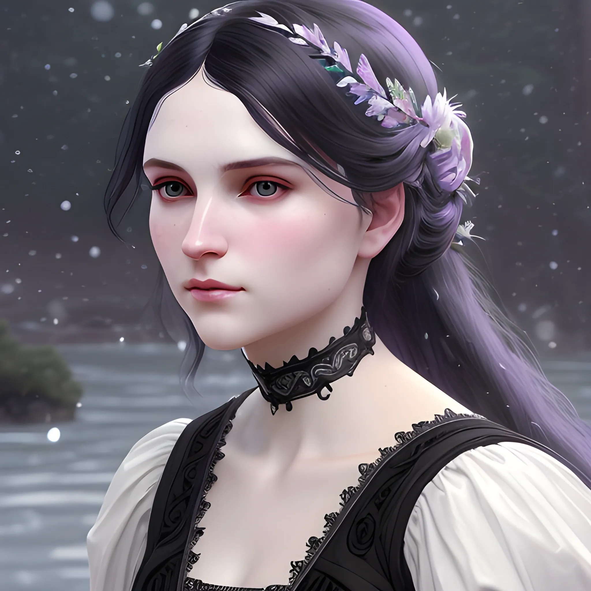 a pale woman with a highly detailed, perfect beautiful face, pale lavender eyes, meticulously detailed black long, flowing loose black hair and a purple dress; background is a snowy riverbank with pine trees, it's snowing; snow, snowflakes, glitter, luminos color sparkles, nebula sky, digital painting, artstation; Lisa Frank, artgerm, Greg Rutkowski, William-Adolphe Bouguereau, renaissance, Unreal Engine 5, 3D